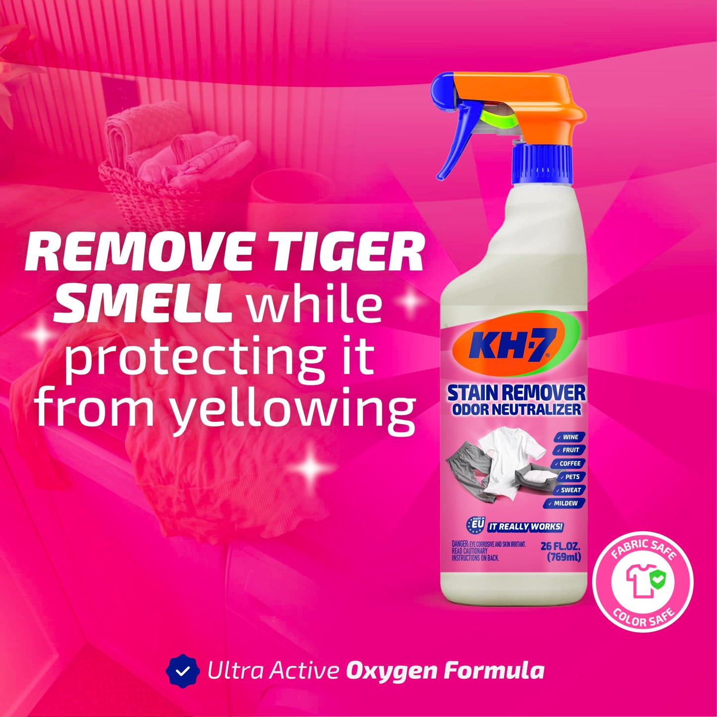 KH-7 Total Stain Remover & Odor Neutralizer - Enzyme-Powered Laundry Pre-Wash Spray for Tough Stains and Odors, Works on Wine, Chocolate, Tomato