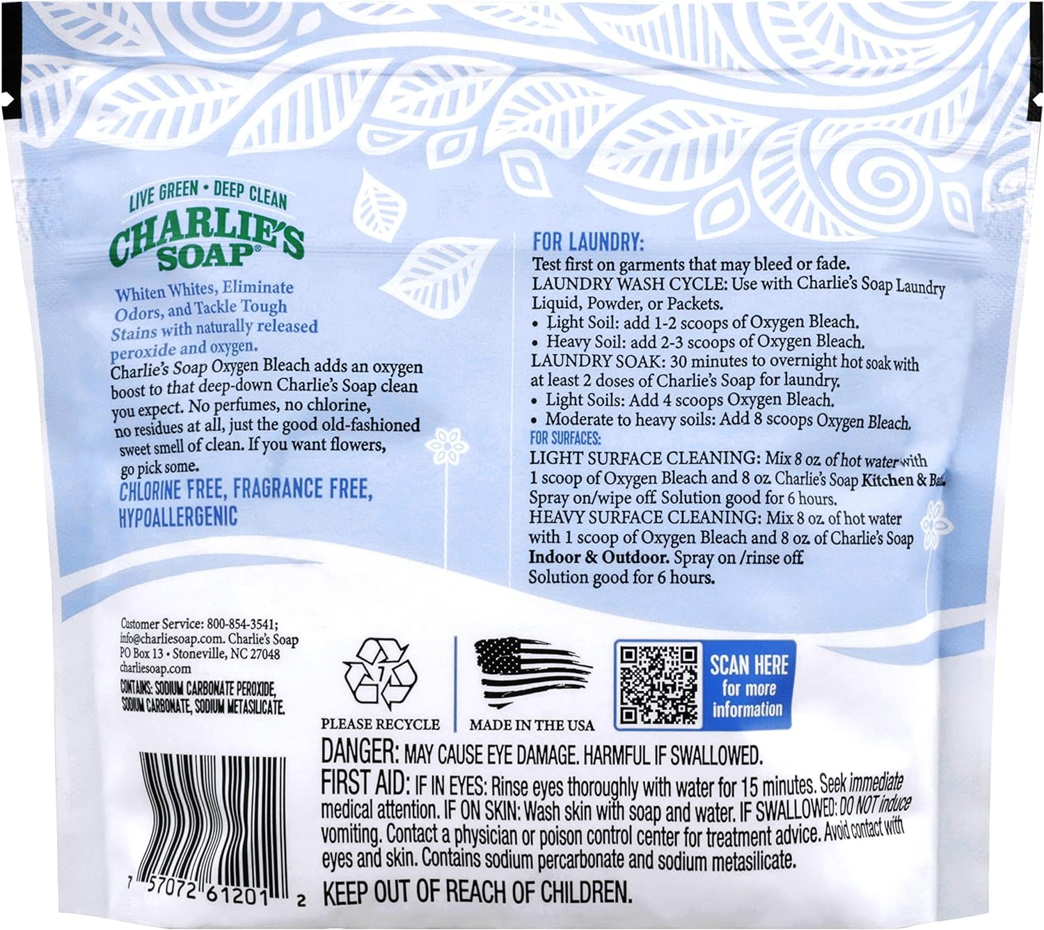 Charlie's Soap Color Safe Chlorine Free Oxygen Bleach Powder Baby Gentle, 1.3 lbs (0.59 kg)