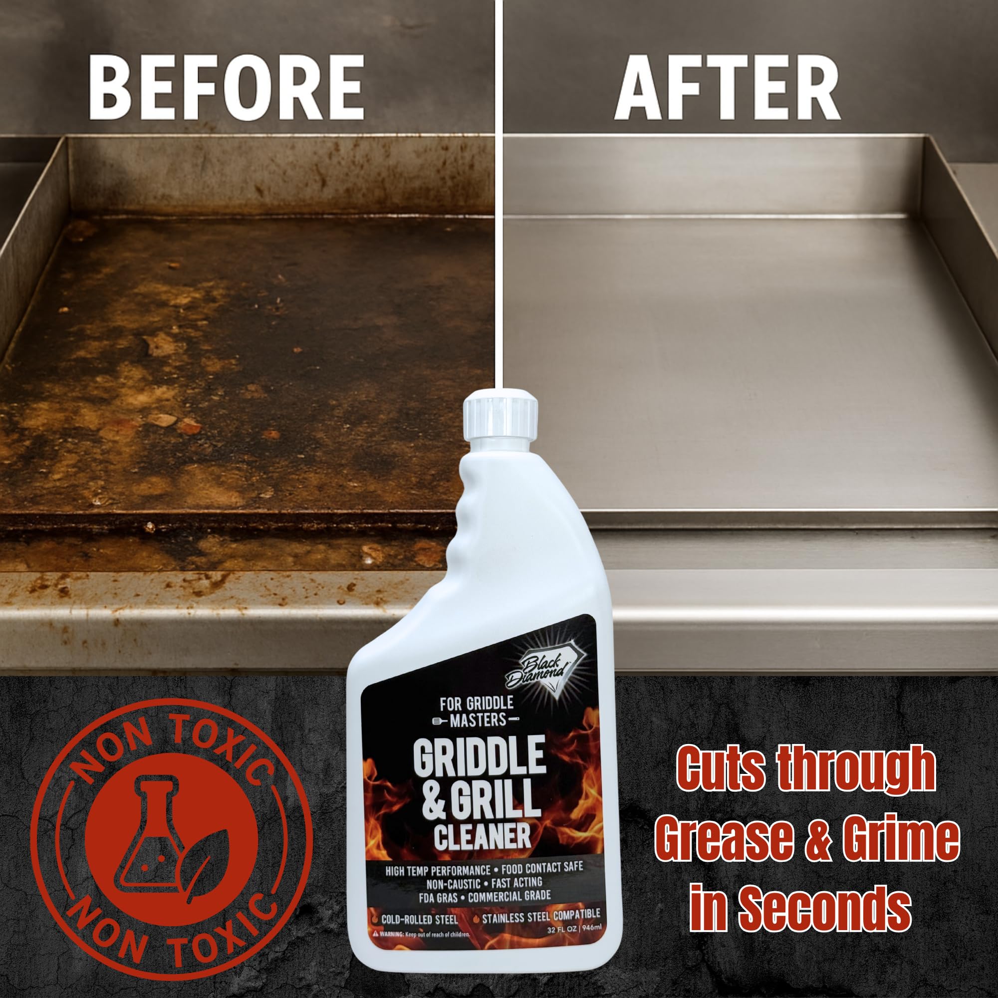 Black Diamond Stoneworks Griddle & Grill Cleaner - Flat Top Griddle Cleaner, Non-Caustic, Food-Contact Safe, Unscented, Residue-Free, Stainless