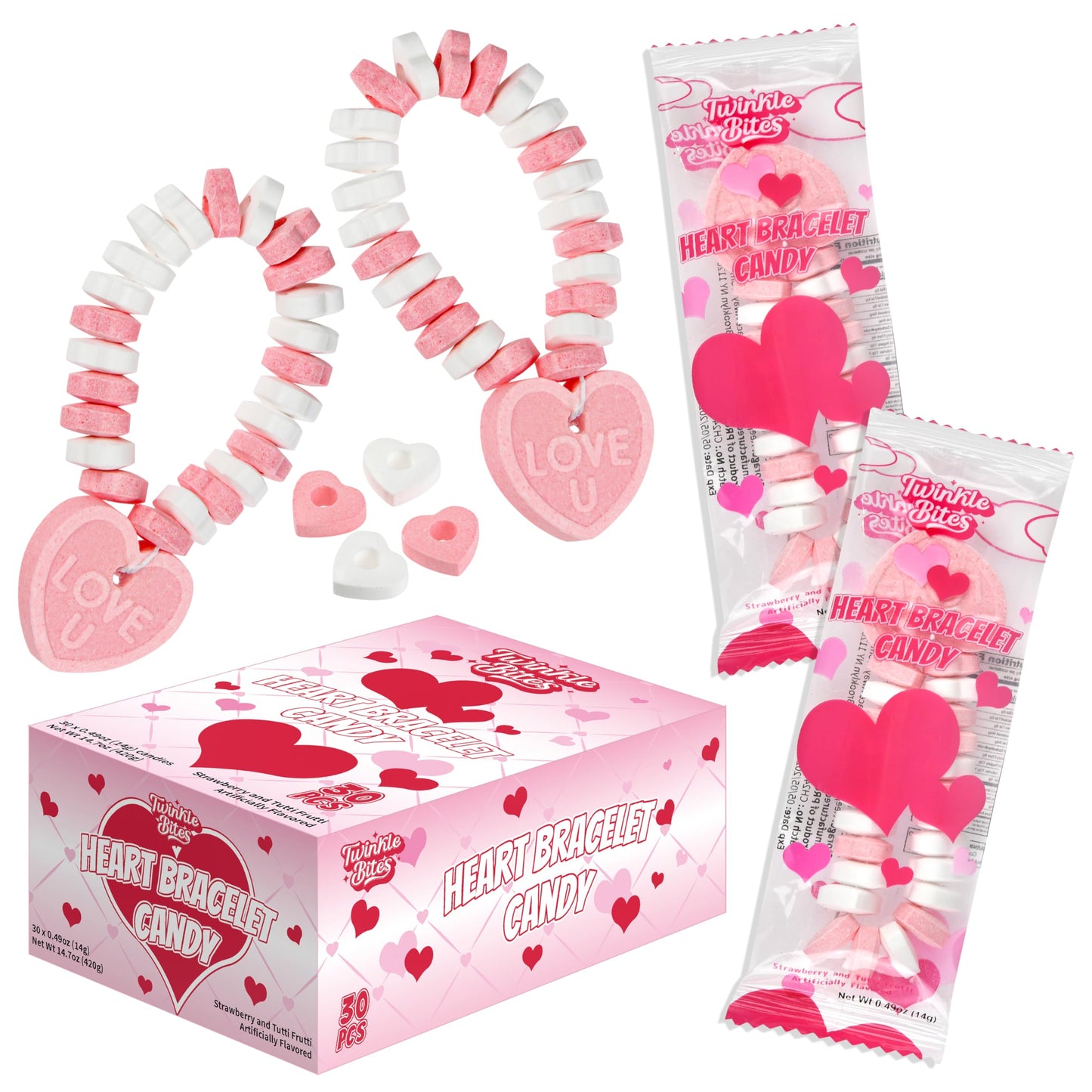 30 Pack Valentines Day Bracelet Candy - Individually Wrapped Holiday Themed Love Heart Candies - Strawberry, Tutti Frutti Delicious Flavors - Bulk