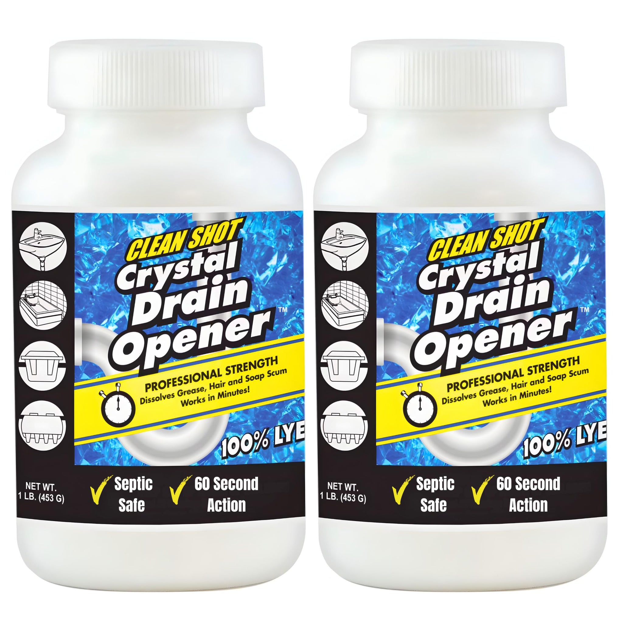 Clean Shot Crystal Lye Drain Opener 2?Pack - Heavy?Duty for Sinks, Showers, Tubs, Pipes - 1 lb Each