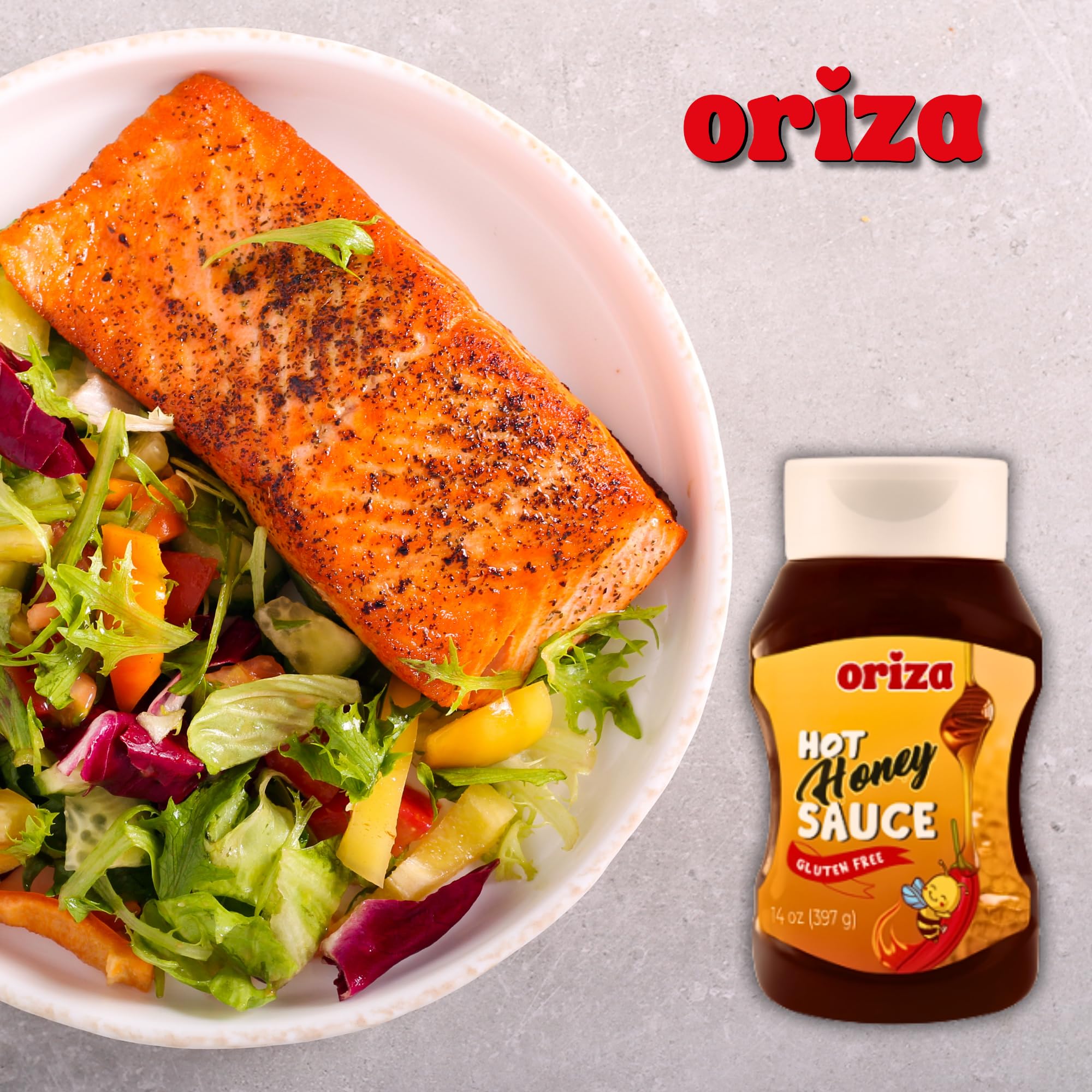 Oriza Hot Honey Sauce 14oz - Sweet and Spicy Honey Infused with Chili Peppers - Perfect for Pizza, Chicken, and BBQ