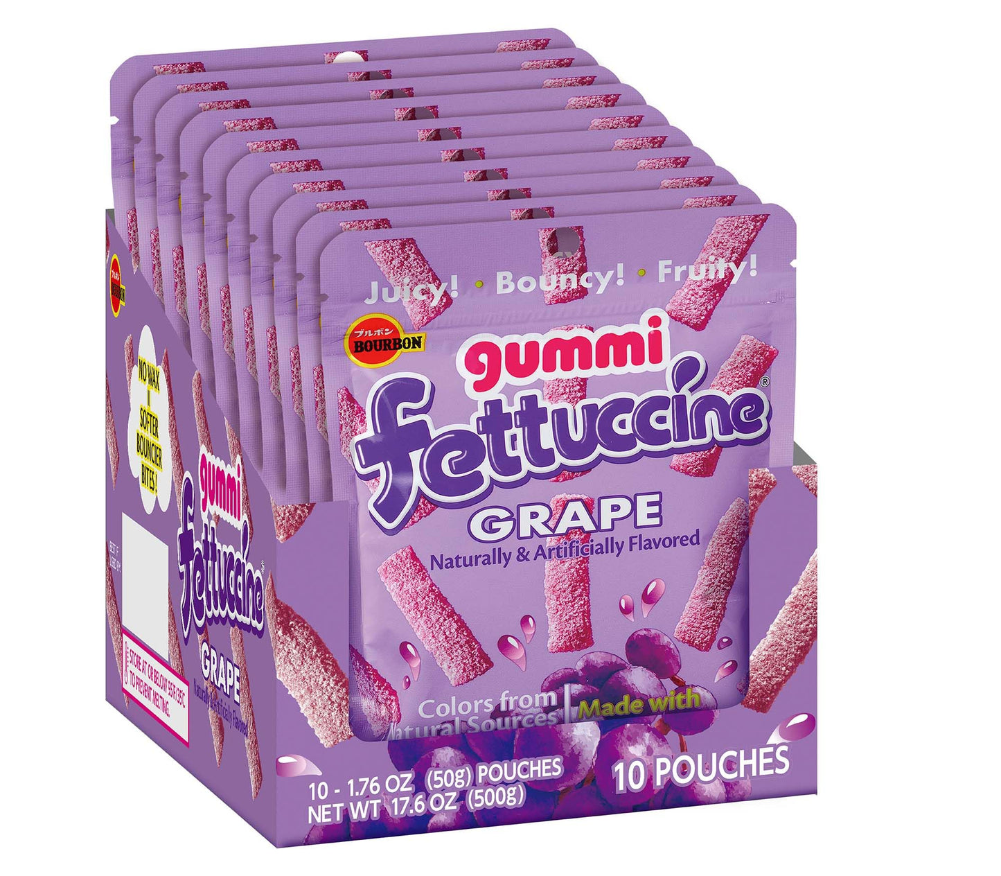 Bourbon Fettuccine Gummi Grape Candy, 10-Pack - Japanese Sour & Chewy Gummy Strips Made with Real Fruit Juice