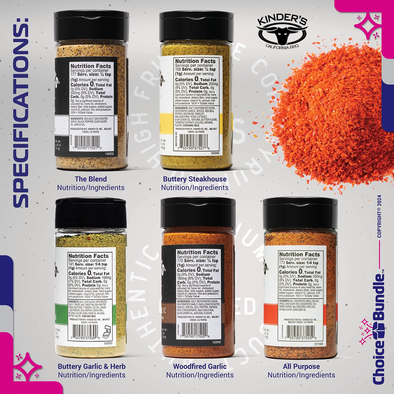 Kinders Buttery Garlic & Herb Woodfired Garlic The Blend Buttery Steakhouse All Purpose Seasoning & Rub 5 pk (28.75 oz) + BBQ Masters & Opener (7
