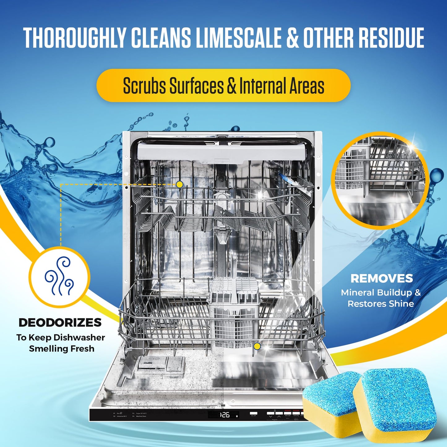 Bastion Dishwasher Cleaner Tablets, Lemon Scent, 3-Month Supply (6 Pods), Powerful Cleaning & Odor Removal, Descaling Tablets