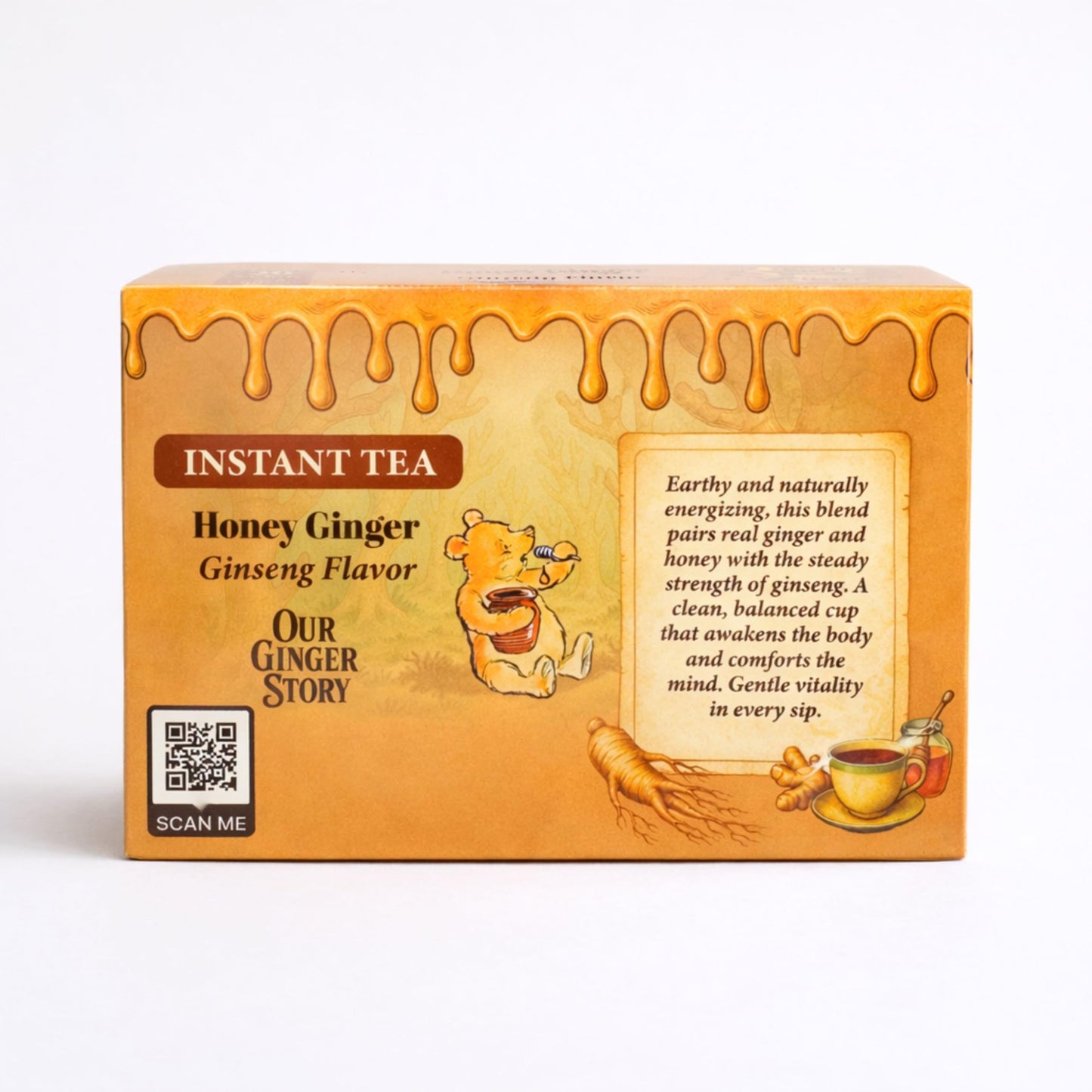 Premium Honey Ginger Instant Tea Crystals, With Ginseng 20 Sachets Real Ginger Real Honey Pure Cane Sugar Caffeine Free Hot Or Cold Single Serve Drink