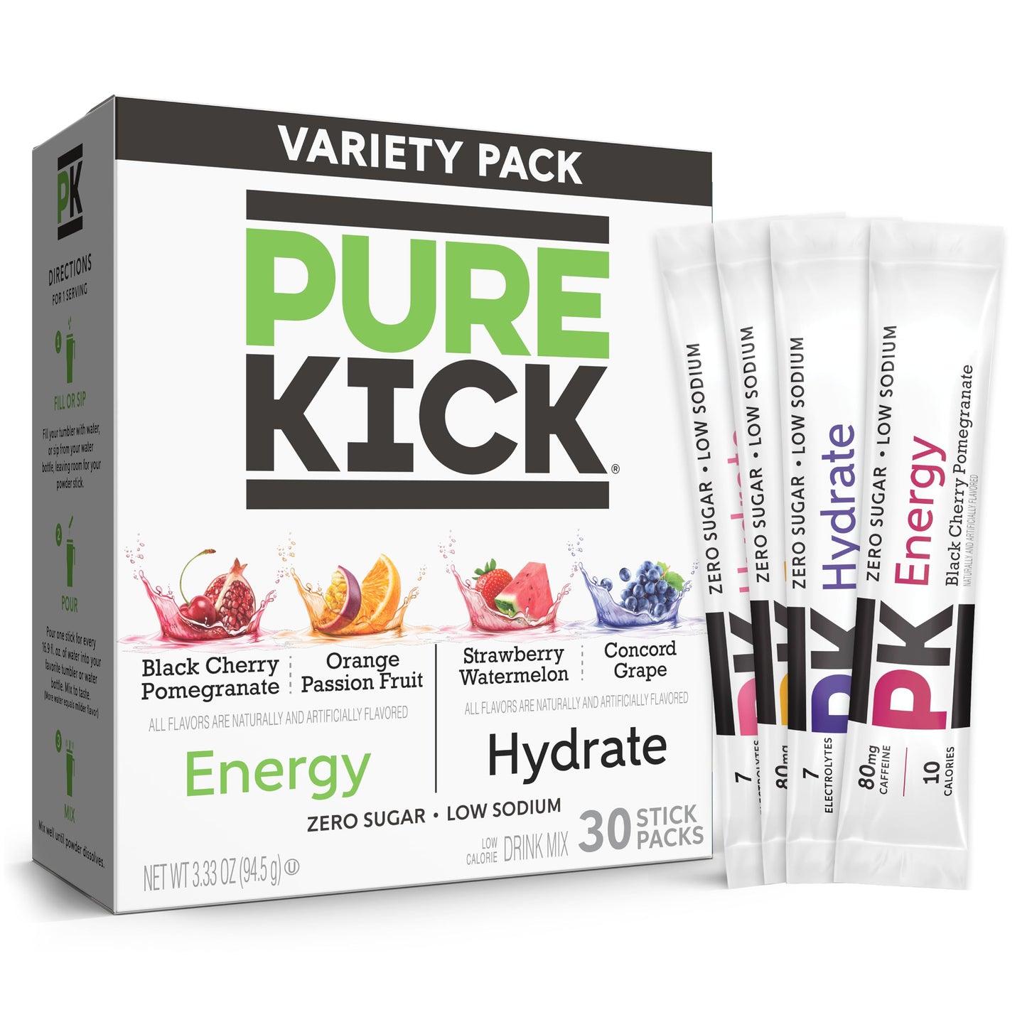 PURE KICK Energy and Hydrate Singles To Go Drink Mix Variety Pack, Black cherry Pomegranate, Orange Passion Fruit, Strawberry watermelon and Concord