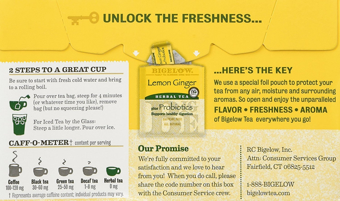 Bigelow Classic Lemon Ginger Herbal Tea Plus Probiotics 18 Bags (3 Pack)