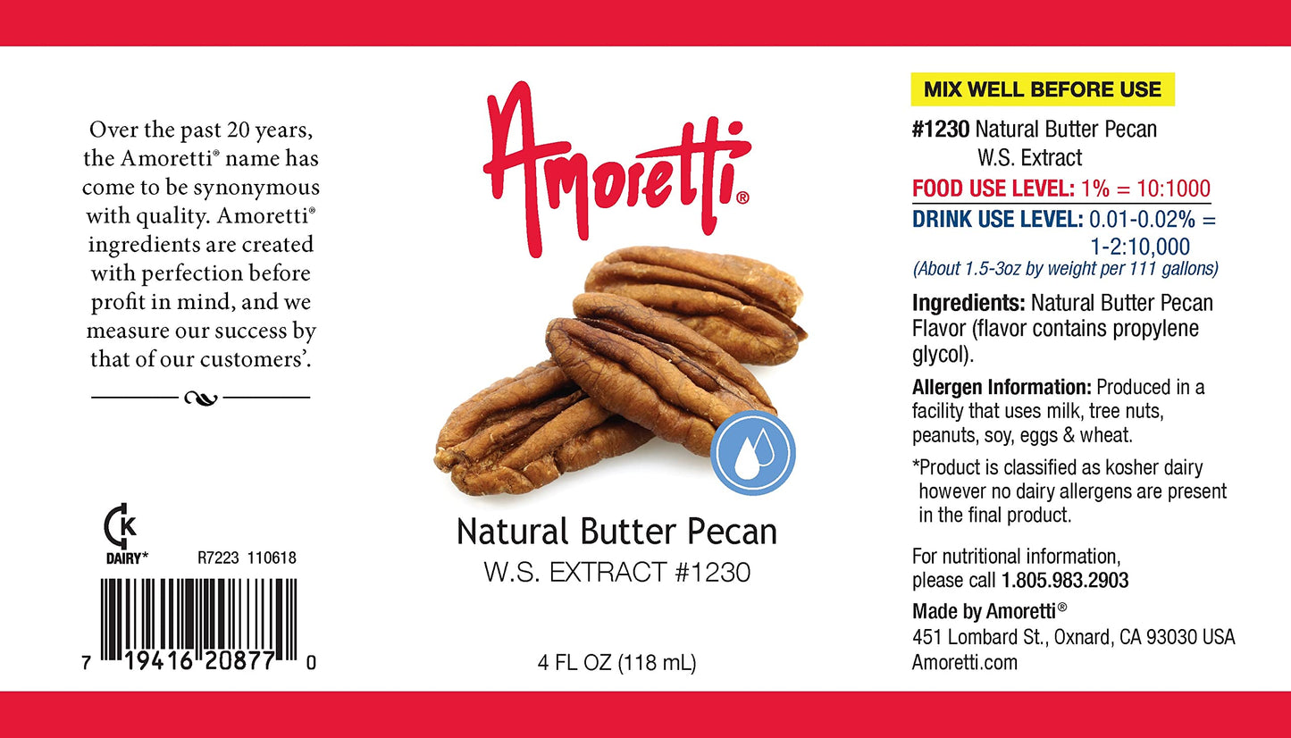 Amoretti - Natural Butter Pecan Extract Water Soluble 2 oz - Highly Concentrated & Perfect For Pastry, Savory, Brewing, and more, Preservative Free