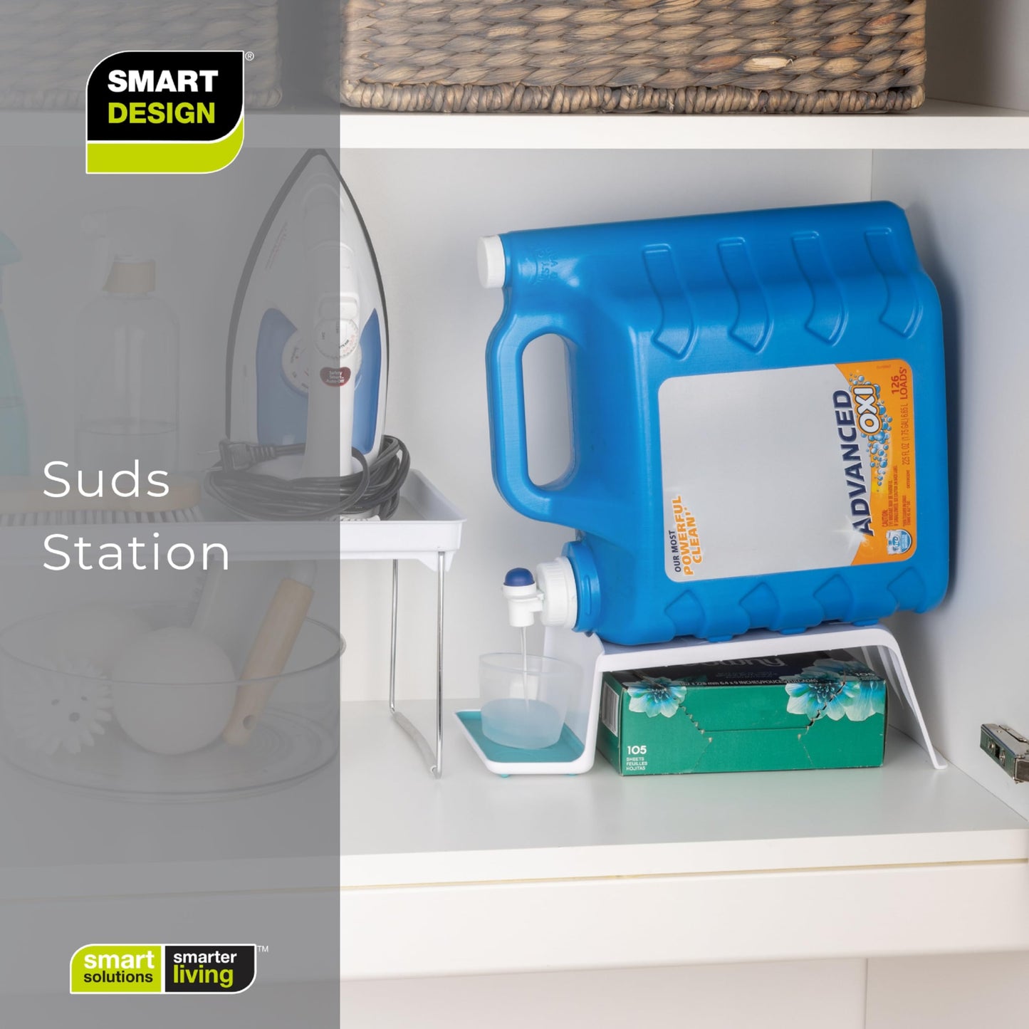 Smart Design Sud Station Angled Laundry Detergent Organizer with Drip Tray - Liquid Detergent & Fabric Softener Holder for Cabinet Storage - 5.8” x