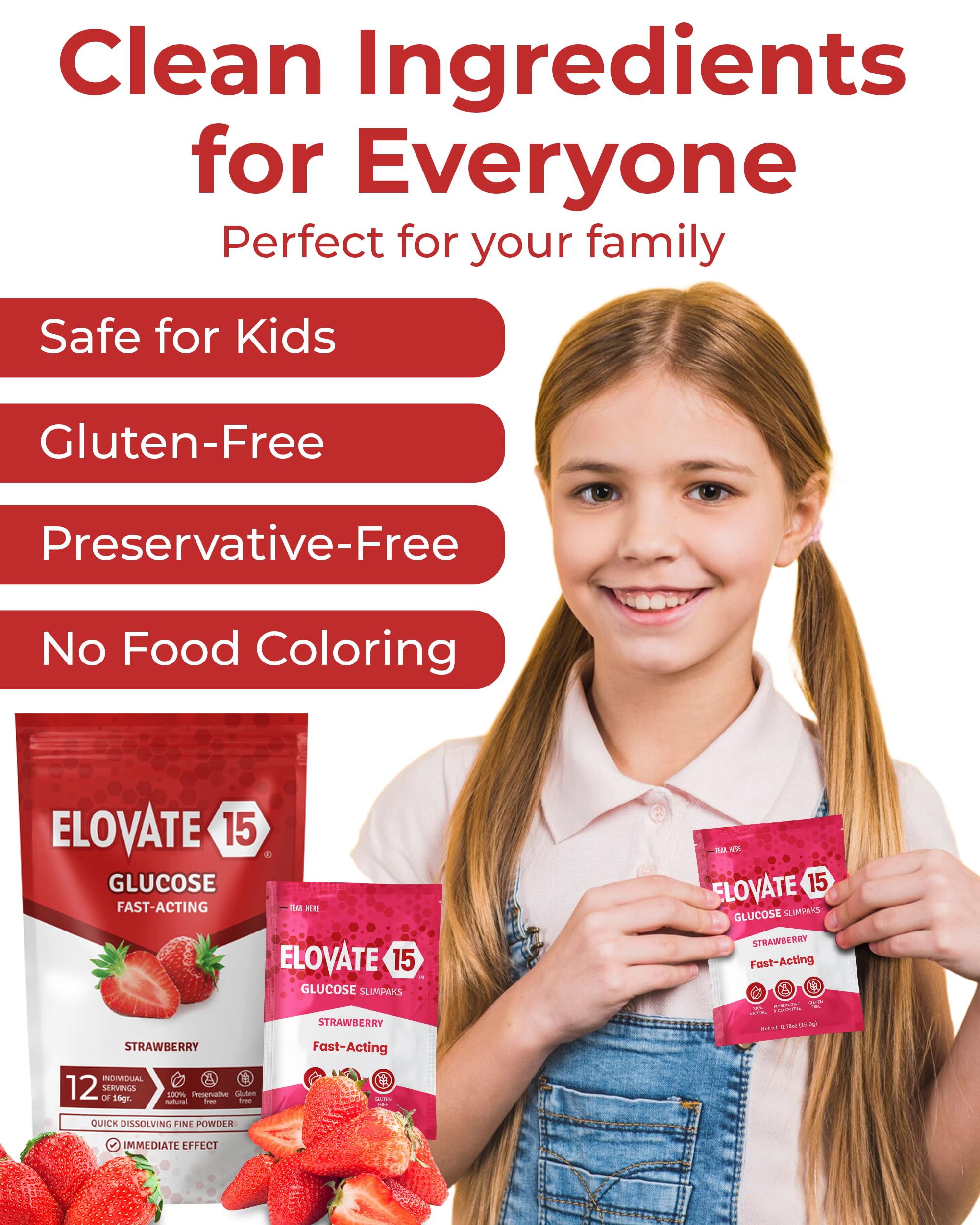 Fast Acting Glucose Powder Packets, Strawberry - Instant Dissolve, No Water Needed | 15g Pure Dextrose | Waterproof SlimPaks | Made in USA |
