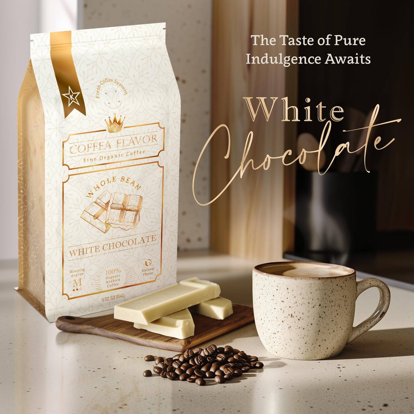 White Chocolate Flavored Whole Bean Coffee - 100% Arabica, Organic, No Artificial Sweeteners, Naturally Flavored, Medium Roast, Single Origin - by