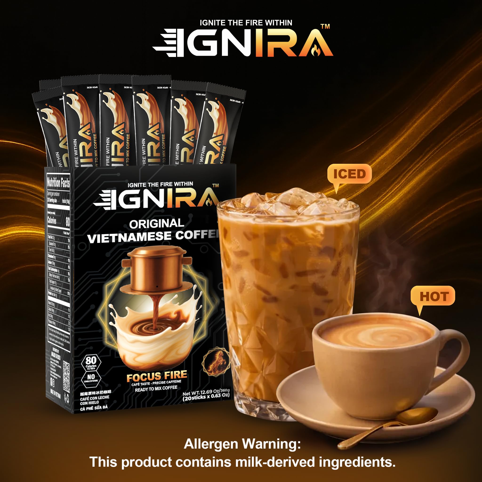 IGNIRA Original Instant Coffee - Hot or Iced Milk Coffees, Premium Robusta Instant Coffee Packets, Not Too Sweet, No Cholesterol, No Soybeans