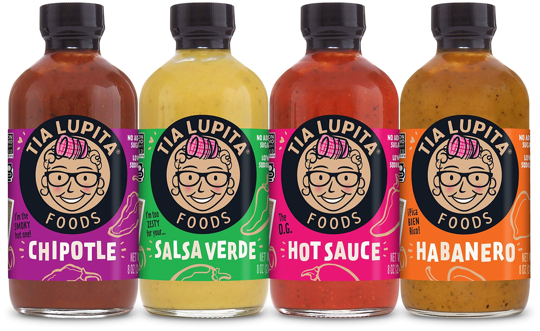 Tia Lupita Hot Sauce Variety Pack - 4 Bottles of Flavorful Heat - Jalapeño, Salsa Verde, Habanero, Chipotle - Gluten-Free, Non-GMO, Sugar Free, Low