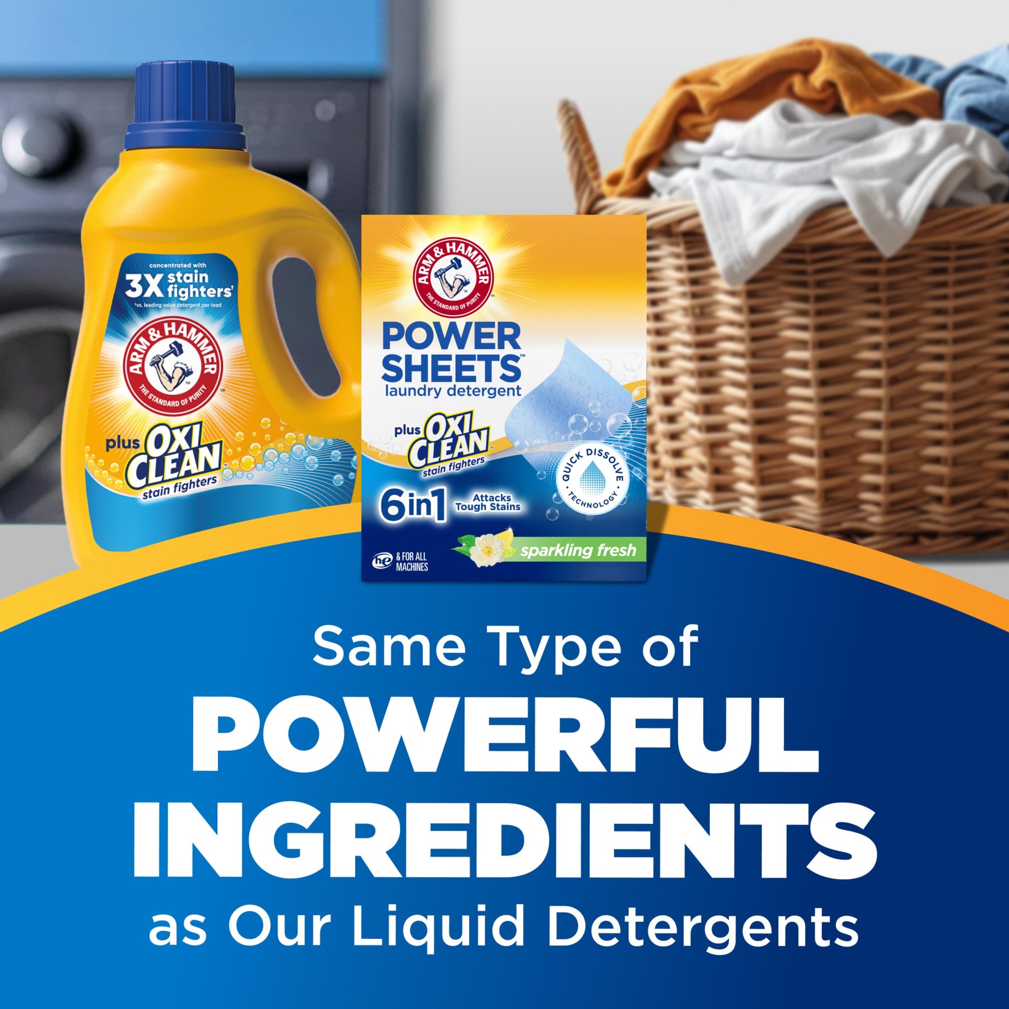 ARM & HAMMER Power Sheets Laundry Detergent Plus OxiClean Stain Fighters, 6in1, Sparkling Fresh Scent, 42 Count, 84 Medium Loads