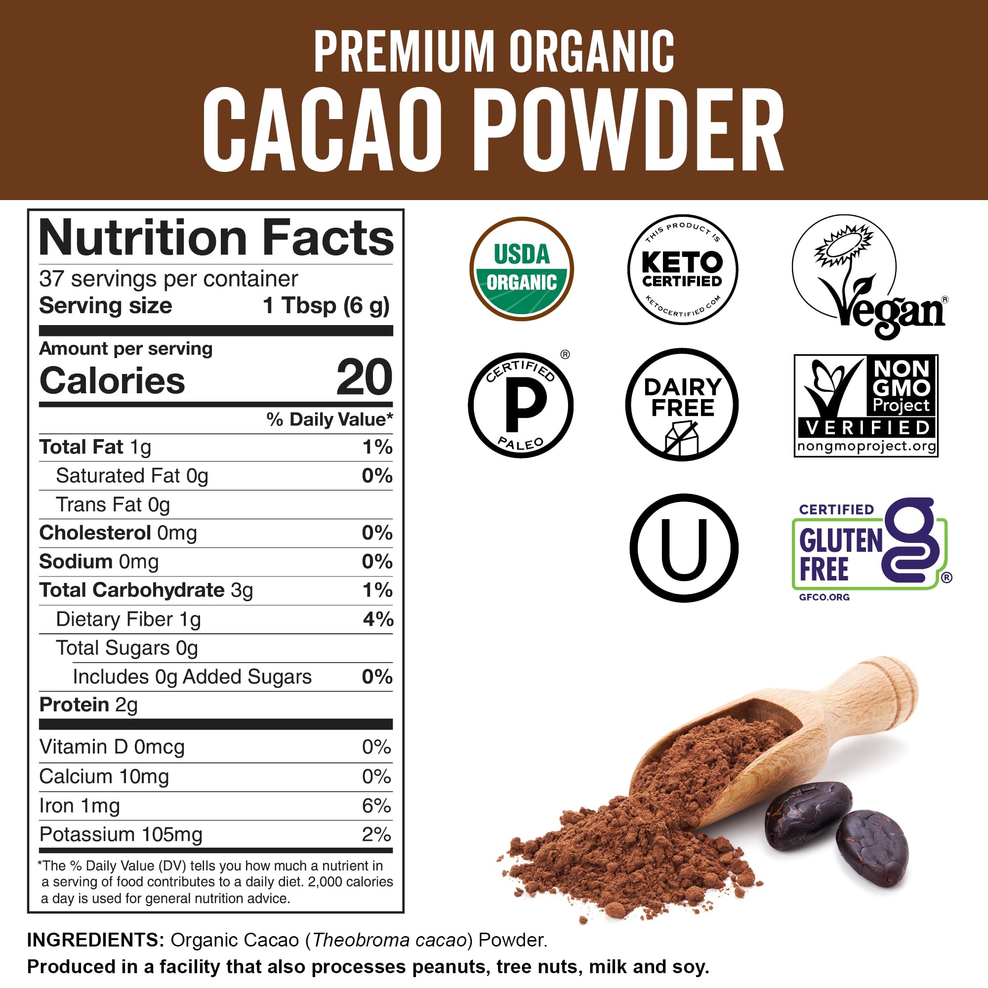 Organic Cacao Powder, Unsweetened, 8 oz (227 g) - Rich Dark Chocolate Flavor, Perfect for Baking, Smoothies & Hot Chocolate - Vegan, Keto, Paleo, Non-GMO & Gluten-Free Cocoa Powder