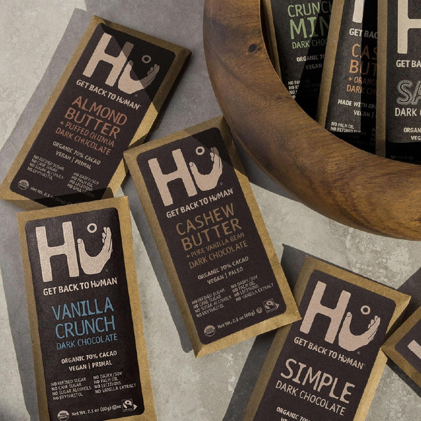 HU Dark Chocolate Bars Variety Pack, 6 Count - Simple, Cashew Buter Raspberry, Hazelnut Btr Almond Butter & Puffed Quinoa, Vanilla Crunch & Crunchy