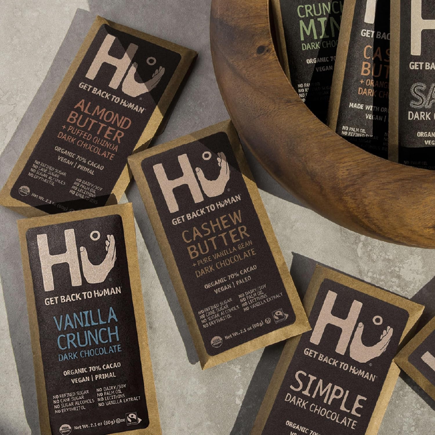 HU Dark Chocolate Bars Variety Pack, 6 Count - Simple, Cashew Buter Raspberry, Hazelnut Btr Almond Butter & Puffed Quinoa, Vanilla Crunch & Crunchy