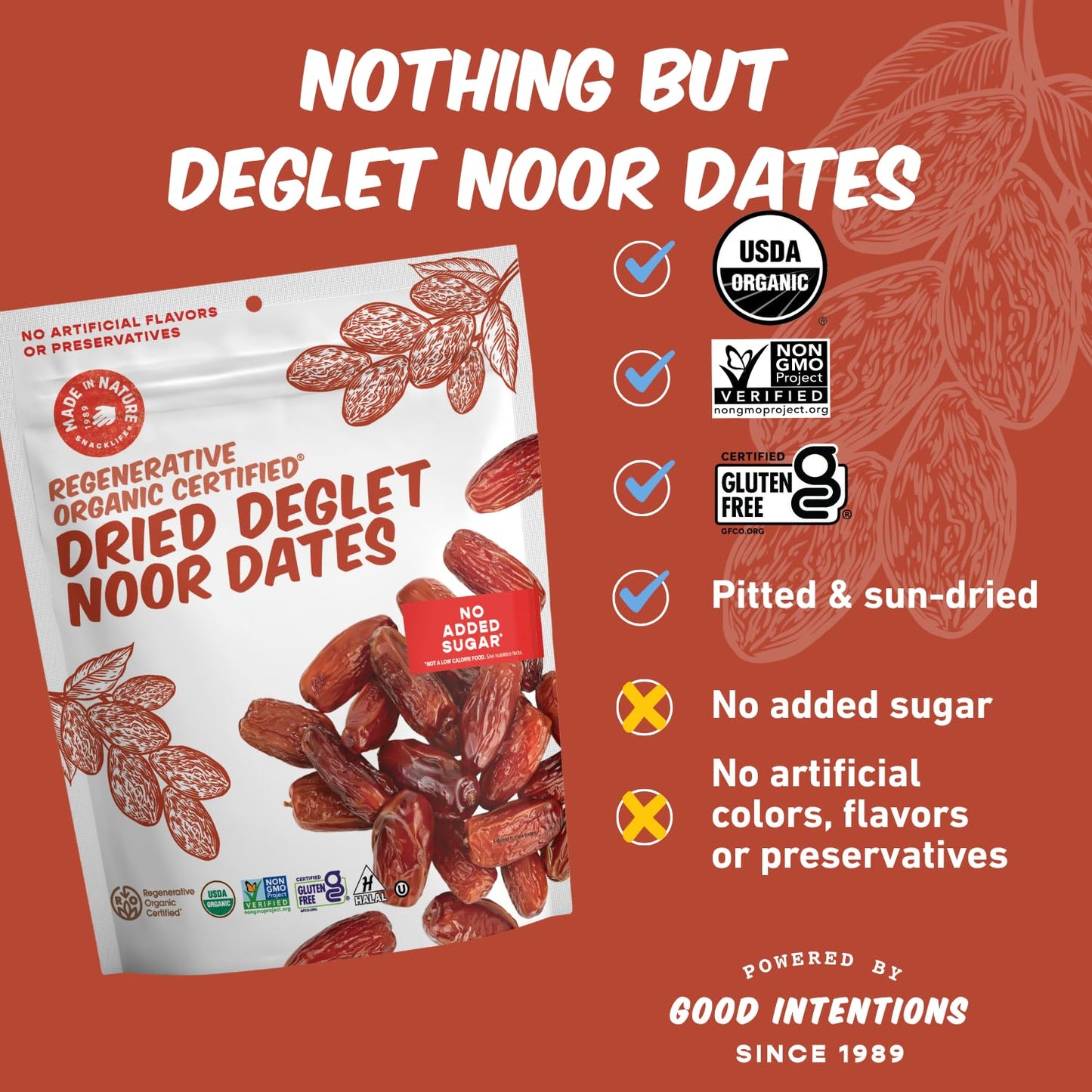 Made In Nature Organic Dried Deglet Noor Dates, 20 Ounce (Pack of 1) - Vegan Snack, Non-GMO, Unsulfured, Gluten Free, Kosher