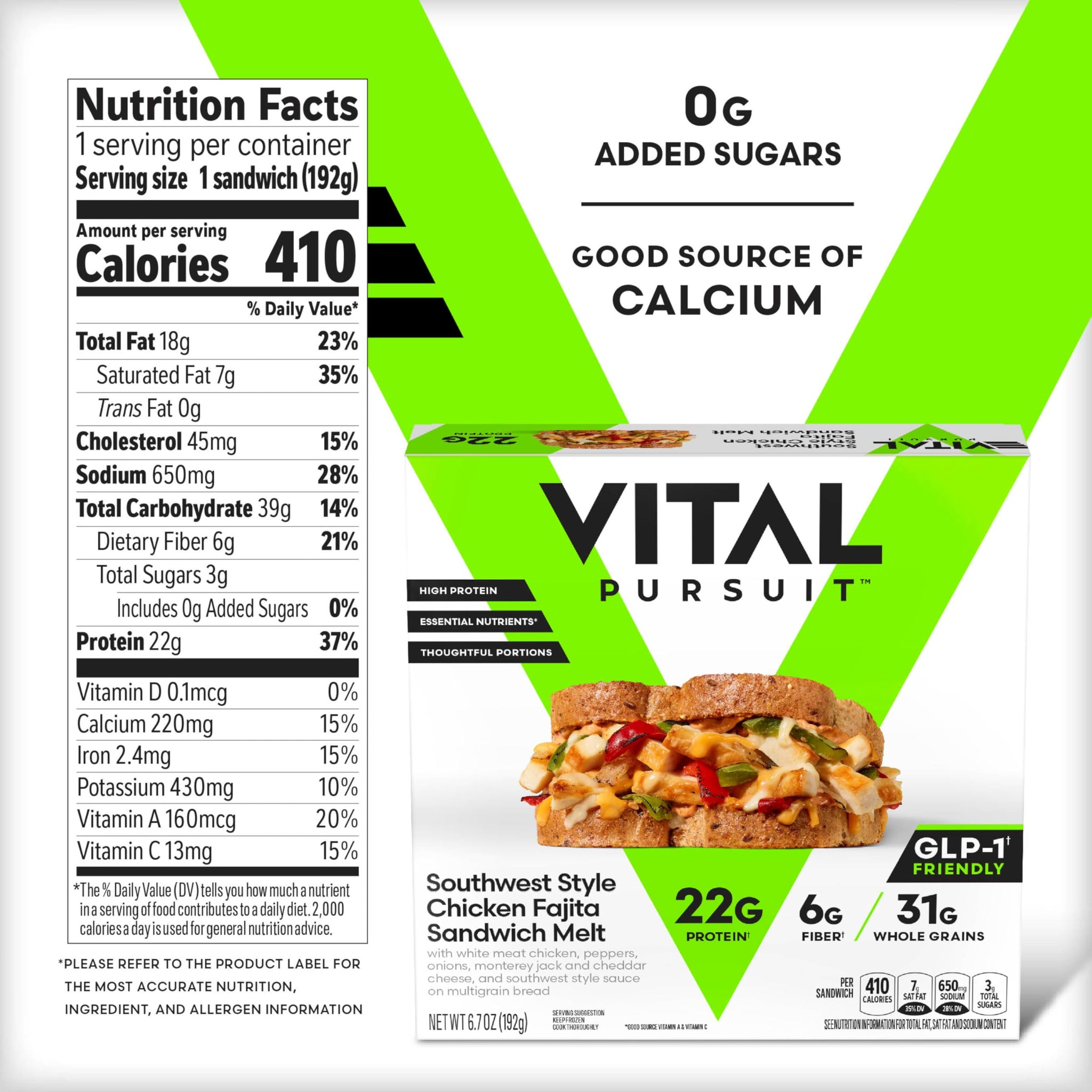 Vital Pursuit Southwest Style Chicken Fajita Sandwich Melt, High Protein Glp-1 Frozen Meal