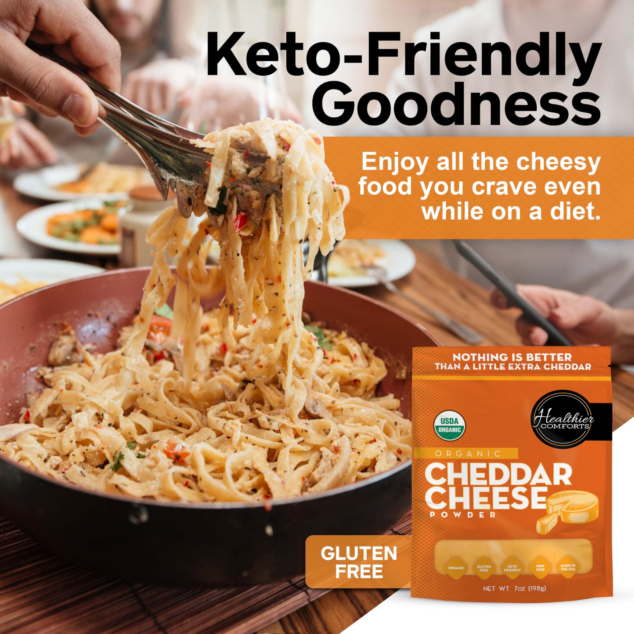 Healthier Comforts Organic Cheddar Cheese Powder | Gluten Free, Keto-Friendly, Non-GMO, Antibiotic & Hormone Free | Perfect for Popcorn Seasoning, Mac