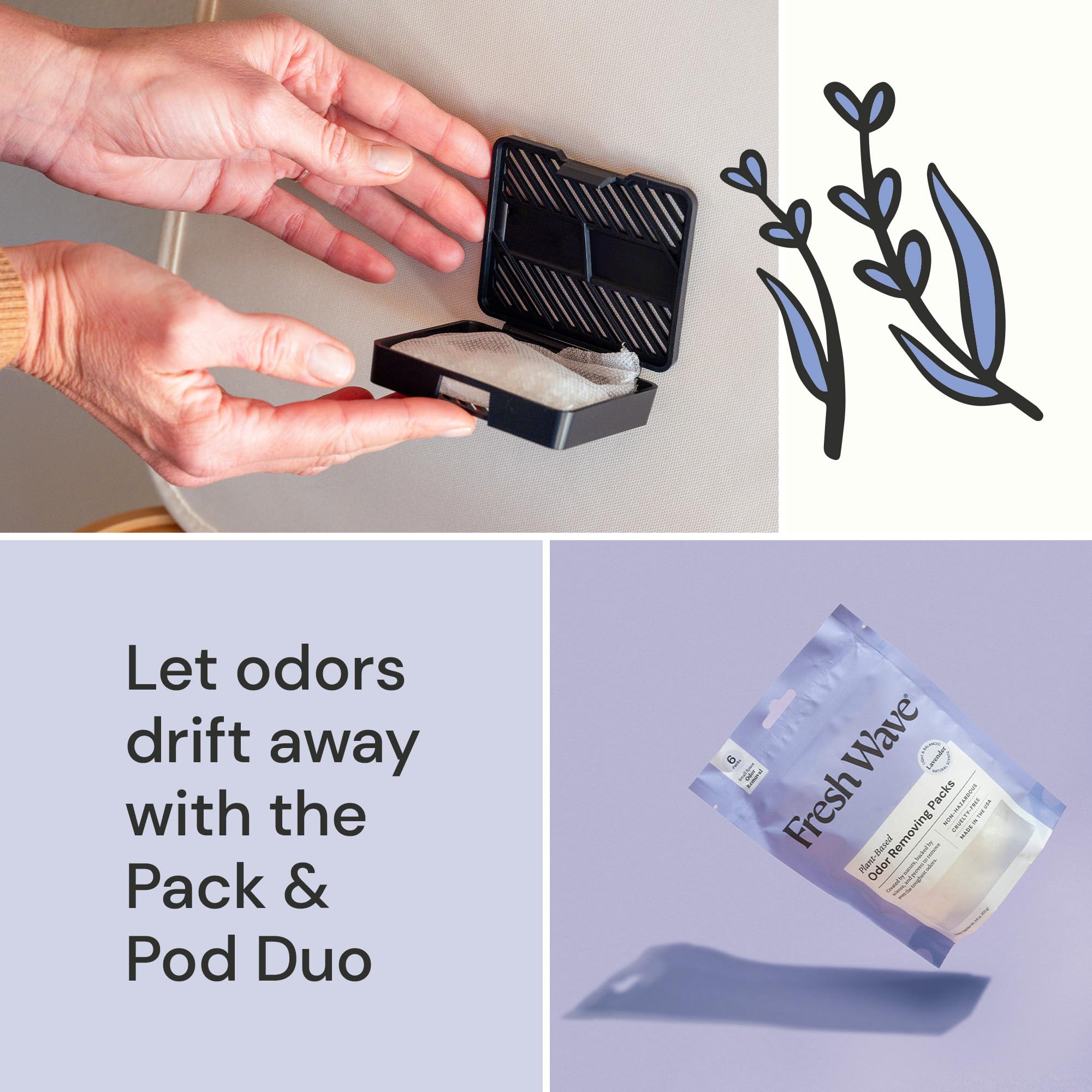 Fresh Wave Lavender Odor Eliminating & Deodorizing Packs | Bag of 6 & Fresh Pod Case | Safer Odor Relief for Small Spaces | Natural Plant-Based Odor