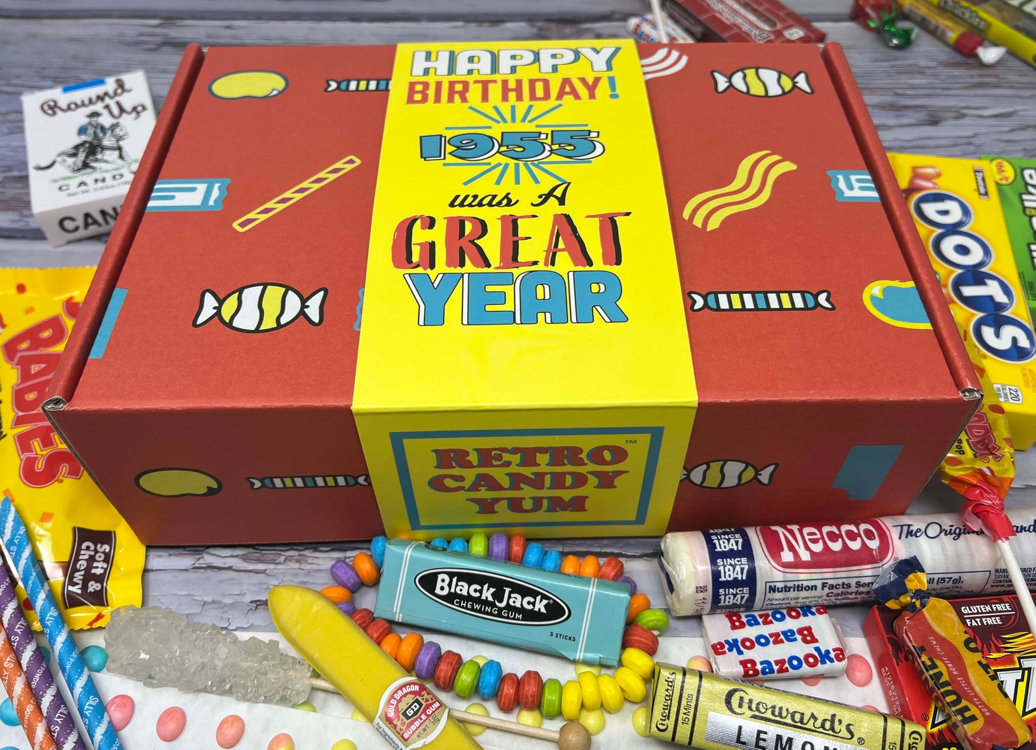 RETRO CANDY YUM ~ 1955 71st Birthday Nostalgic Candy Gift Basket Box Assortment from Childhood Memories for 71 Year Old Woman or Man Born 1955 jr