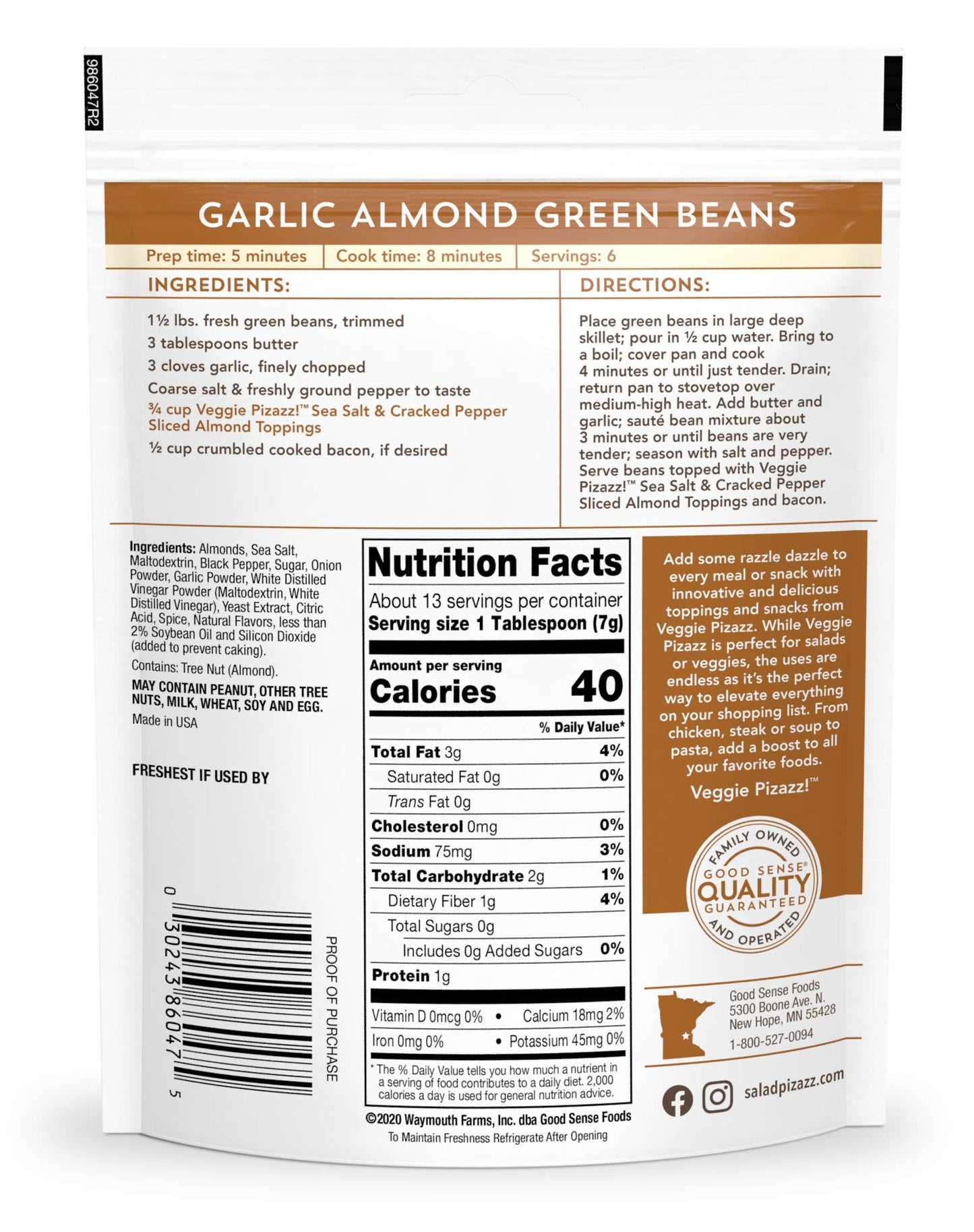 Salad Pizazz Sliced Almonds, Sea Salt Cracked Pepper, Non-GMO, All-Natural, Kosher Salad Topper, Resealable Bag, 3.25 Ounce