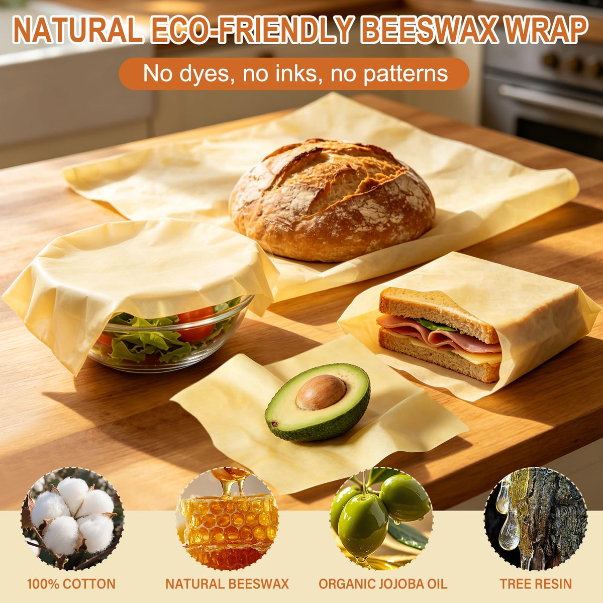 Unprinted Beeswax Wraps - Undyed, Unbleached, Reusable Food Wraps for Bread, Sandwich, Cheese & Bowls - Zero Waste Alternative to Plastic Wrap