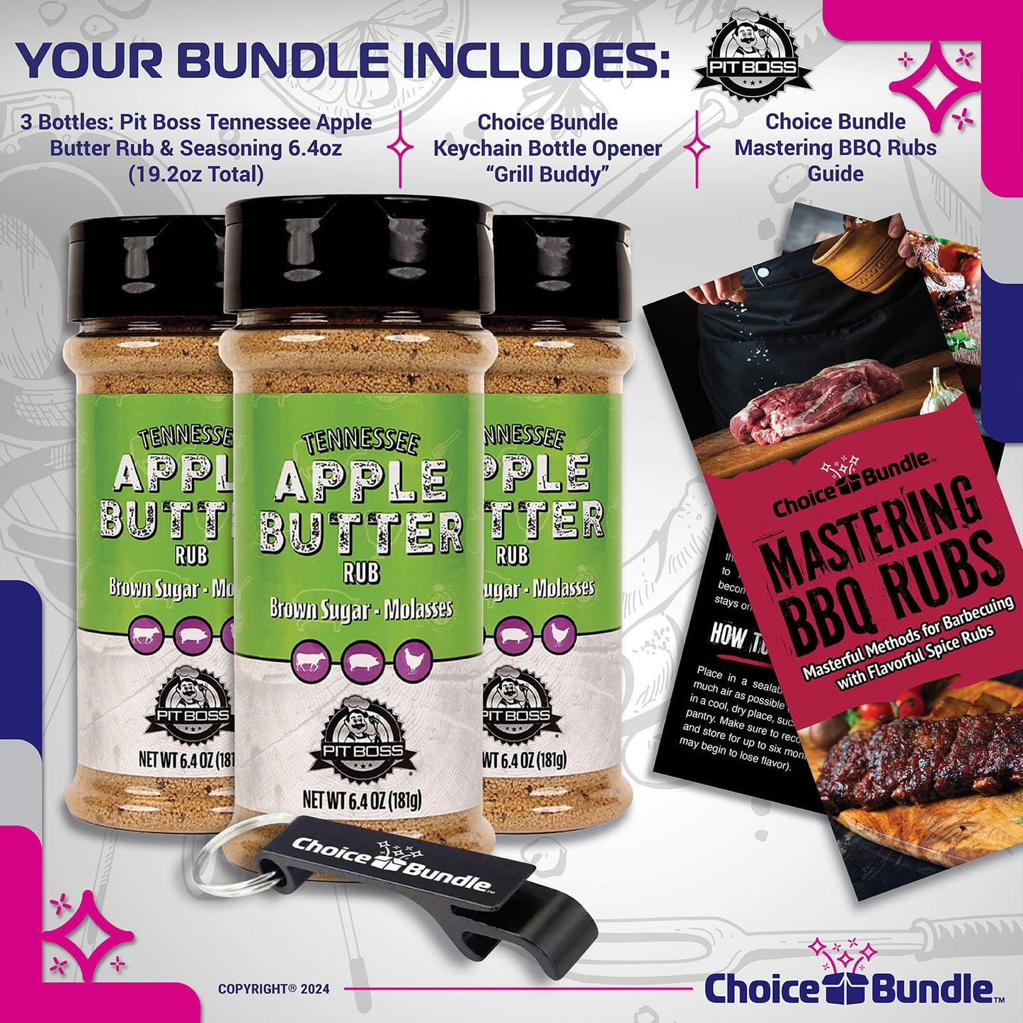 Pit Boss Tennessee Apple Butter Premium BBQ Barbecue Mixed Seasoning Spice & Rub 3 pk Choice Bundle (19.2 oz) + Guide & Keychain Bottle Opener (5