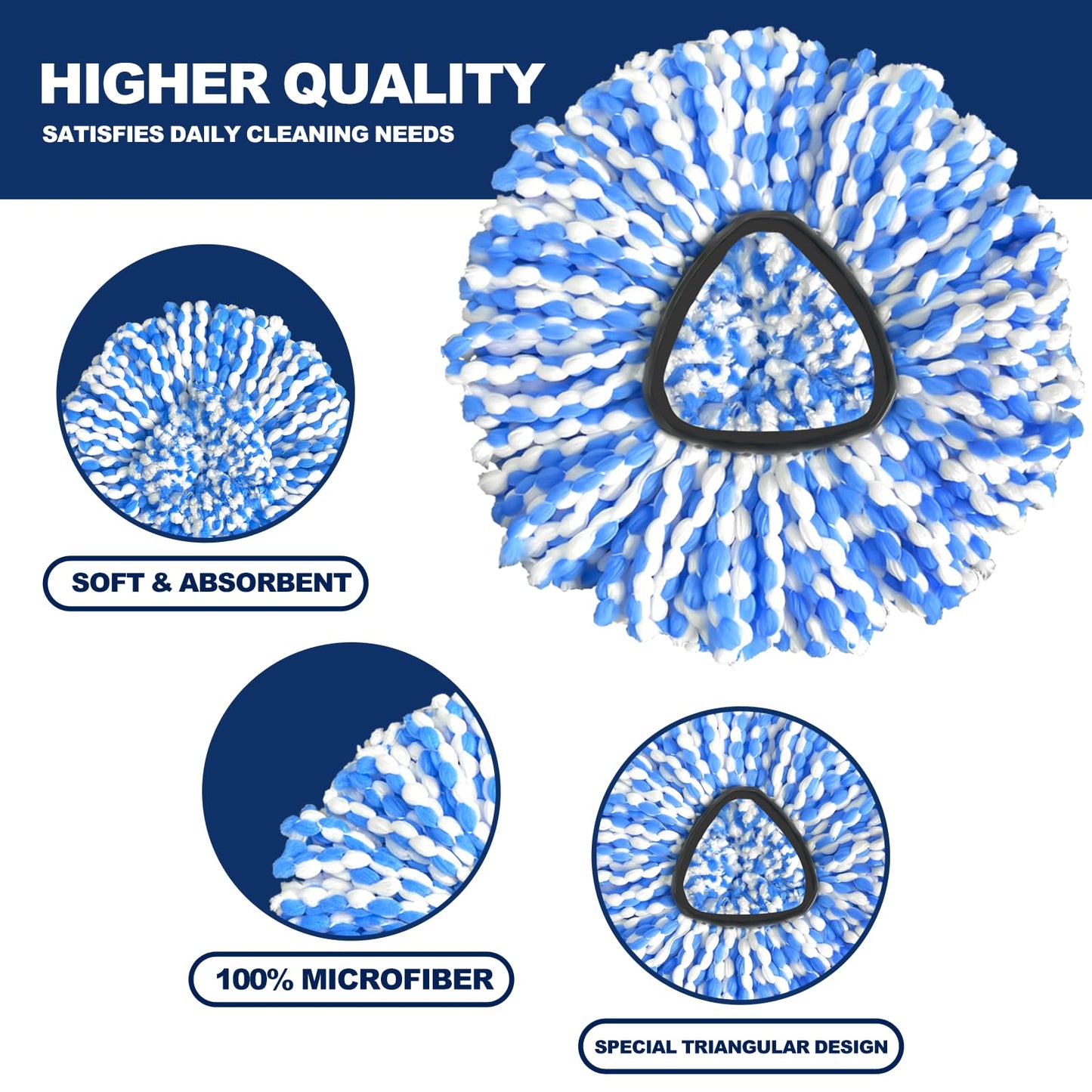 Spin Mop Replacement Head Compatible with RinseClean 2-Tank System, 3 Pack Machine Washable Mop Refills, Removes Dust, Hair & Kitchen Dirt