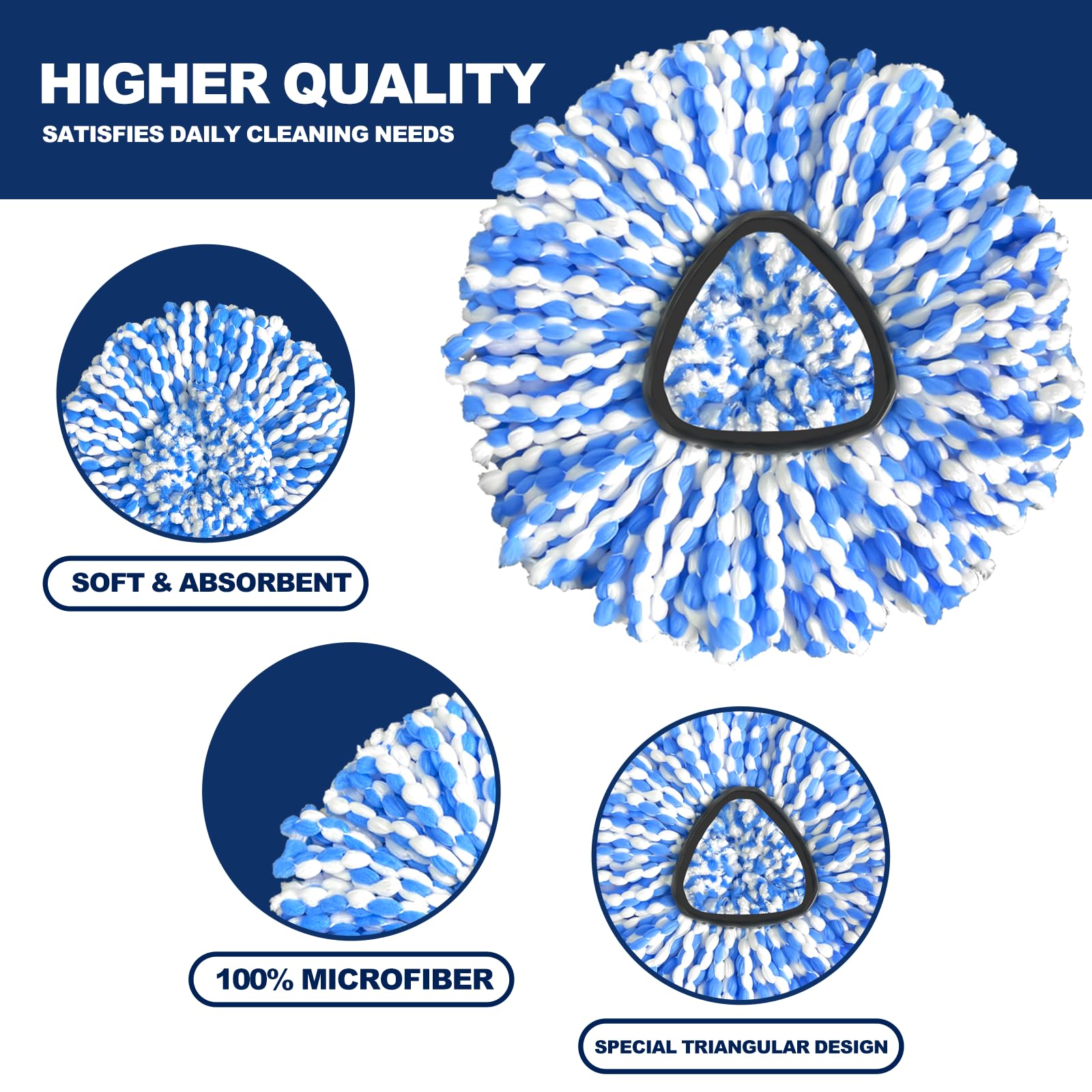 Spin Mop Replacement Head Compatible with RinseClean 2-Tank System, 3 Pack Machine Washable Mop Refills, Removes Dust, Hair & Kitchen Dirt
