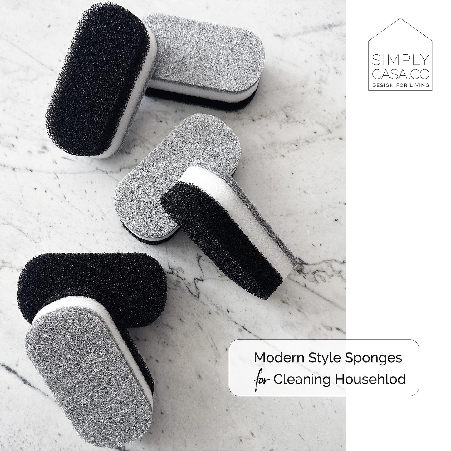 SIMPLYCASA Kitchen Dish Cleaning Sponges - Pack of 6 | Non-Scratch & Fast-Drying | Reusable Scrubbers for Kitchen & Household Use | Stylish Black
