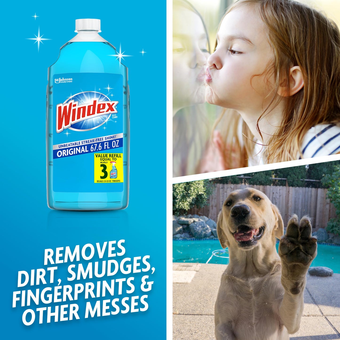 Windex Refill Glass and Window Cleaner Bottle, Bottle Made from 100% Recycled Plastic, Surface Cleaning Spray, Original Blue Scent, 2L (67.6 Fl Oz)