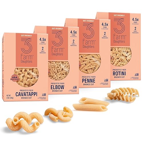 3 Farm Daughters High Fiber Pasta Variety Pack, Includes Penne, Elbow, Rotini & Cavatappi, Low GI, Non GMO, Low Net Carb, Made in the USA, 12 oz. (4