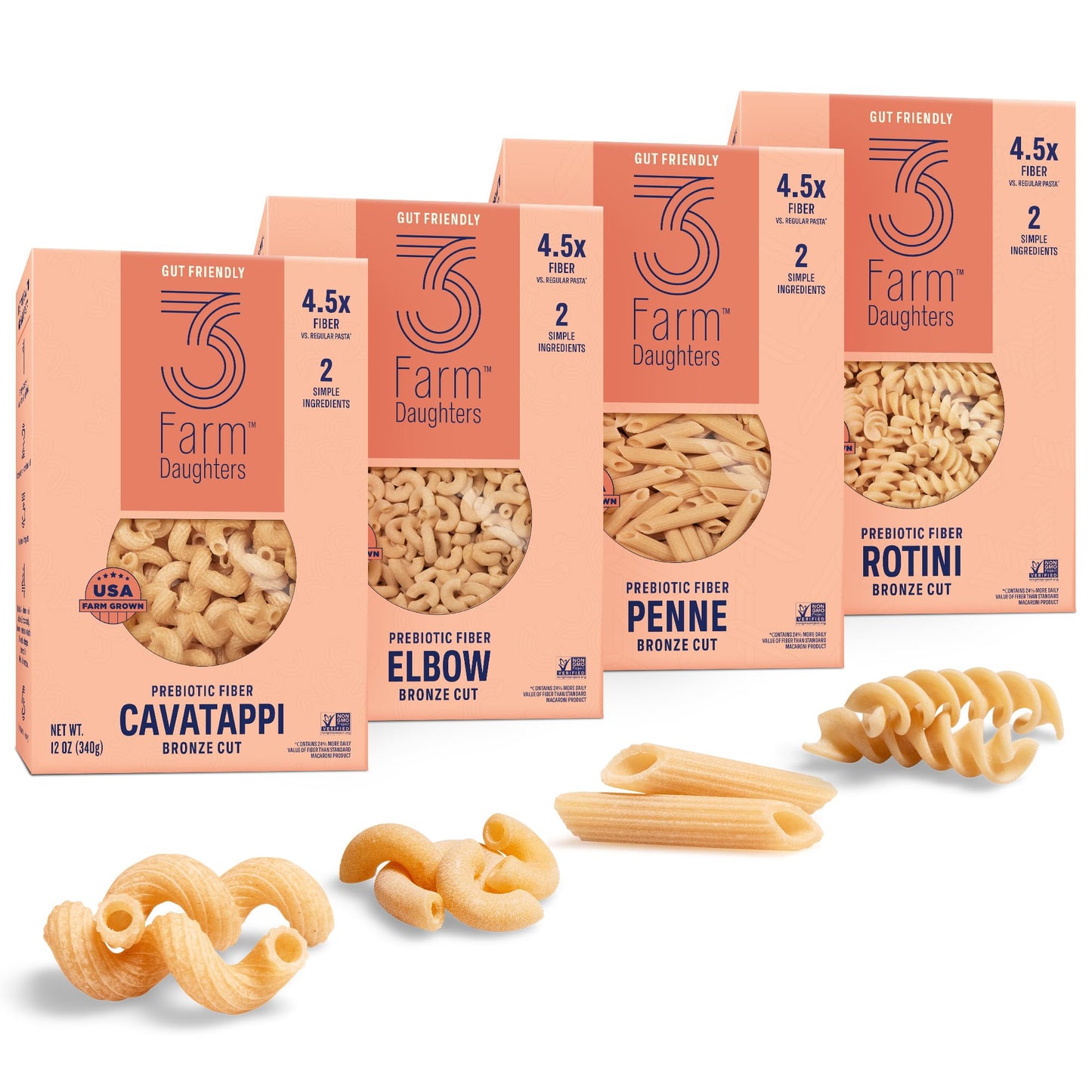 3 Farm Daughters High Fiber Pasta Variety Pack, Includes Penne, Elbow, Rotini & Cavatappi, Low GI, Non GMO, Low Net Carb, Made in the USA, 12 oz. (4