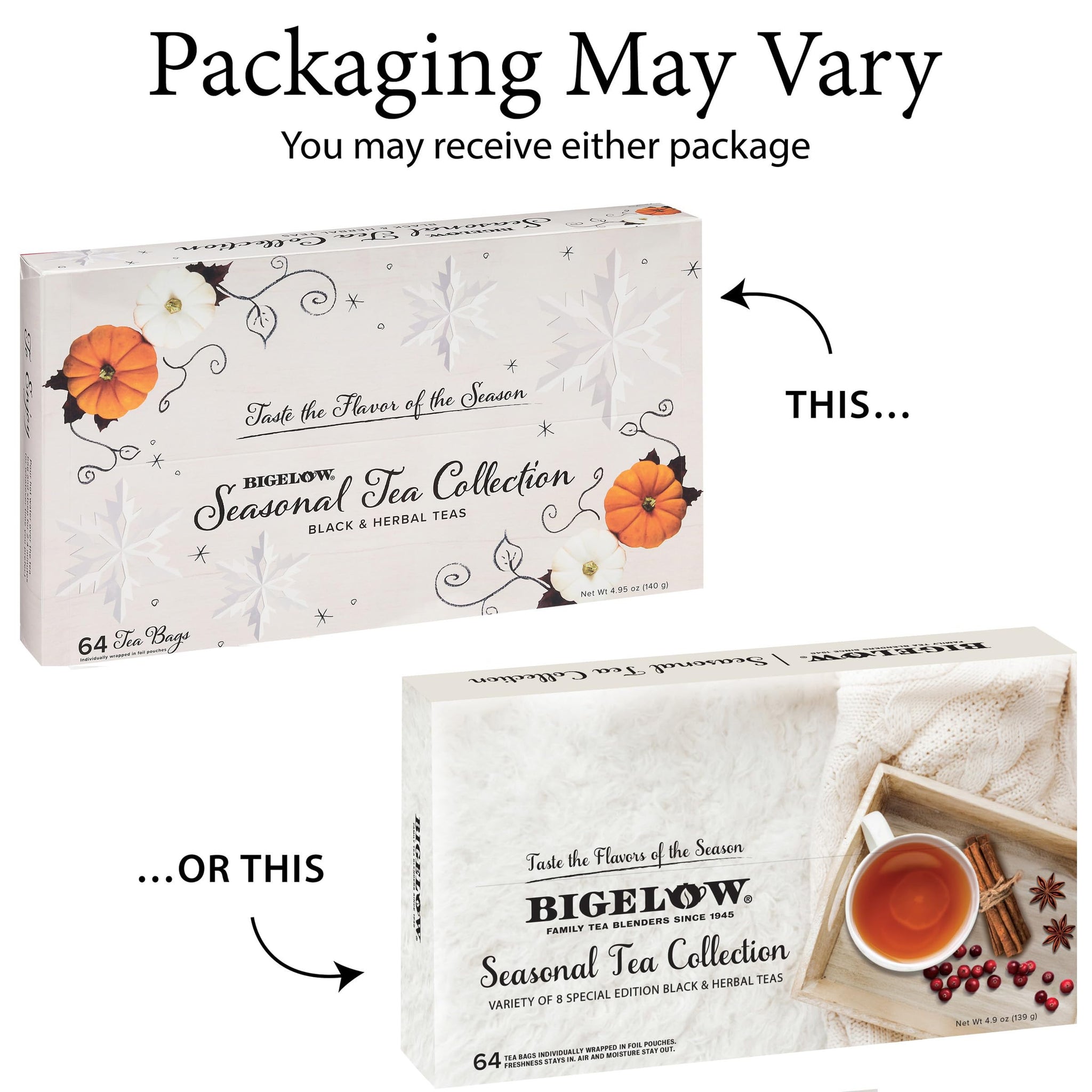 Bigelow Tea Seasonal Tea Collection, Caffeine Tea Variety Pack Gift Sampler, Holiday Tea Gift Set, 64 Count Box (Pack of 1), 64 Tea Bags Total