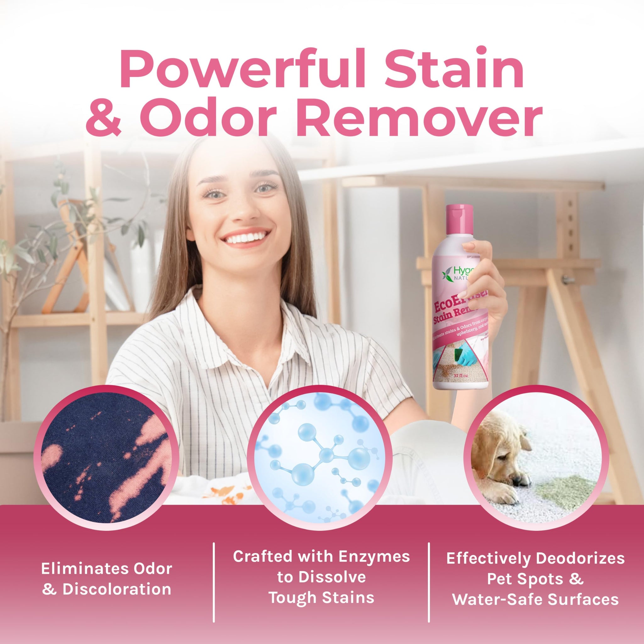 Hygea Natural EcoEraser - Enzyme Cleaner for Pet, Cat, & Dog Urine & Stains - Strong Stain & Odor Liquid Remover Deodorizing Spot Cleaner - Also