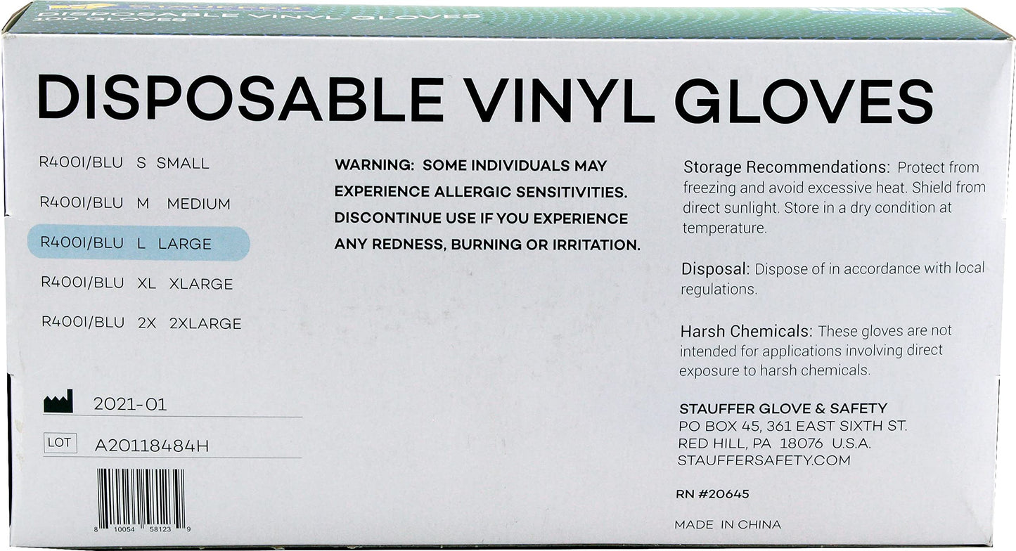 Blue Disposable Vinyl Gloves, Stauffer Defense, Powder Free, 10" Long Cuff, Tough & Strong - 2XL (Box of 100)