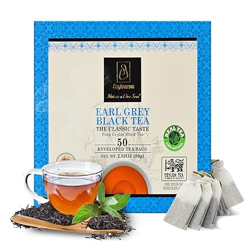 Ceylonzon Earl Grey Black Tea Classic Taste 50 Individually Foil-Wrapped Tea Bags, Infused with Pure Bergamot for a Bold, Aromatic Flavor