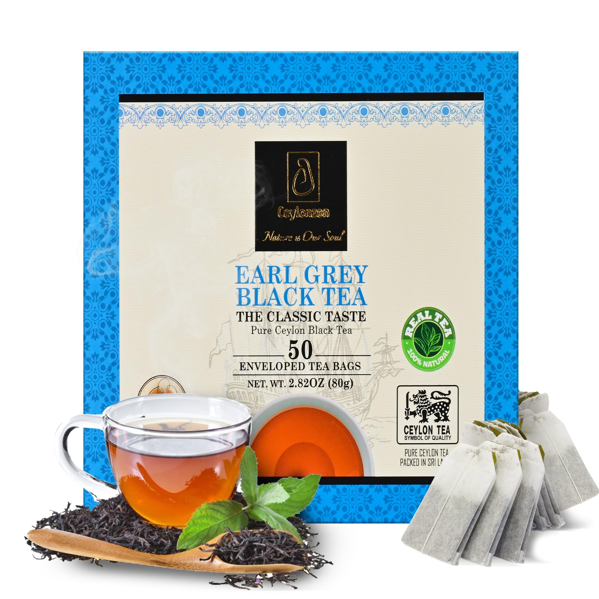 Ceylonzon Earl Grey Black Tea Classic Taste 50 Individually Foil-Wrapped Tea Bags, Infused with Pure Bergamot for a Bold, Aromatic Flavor