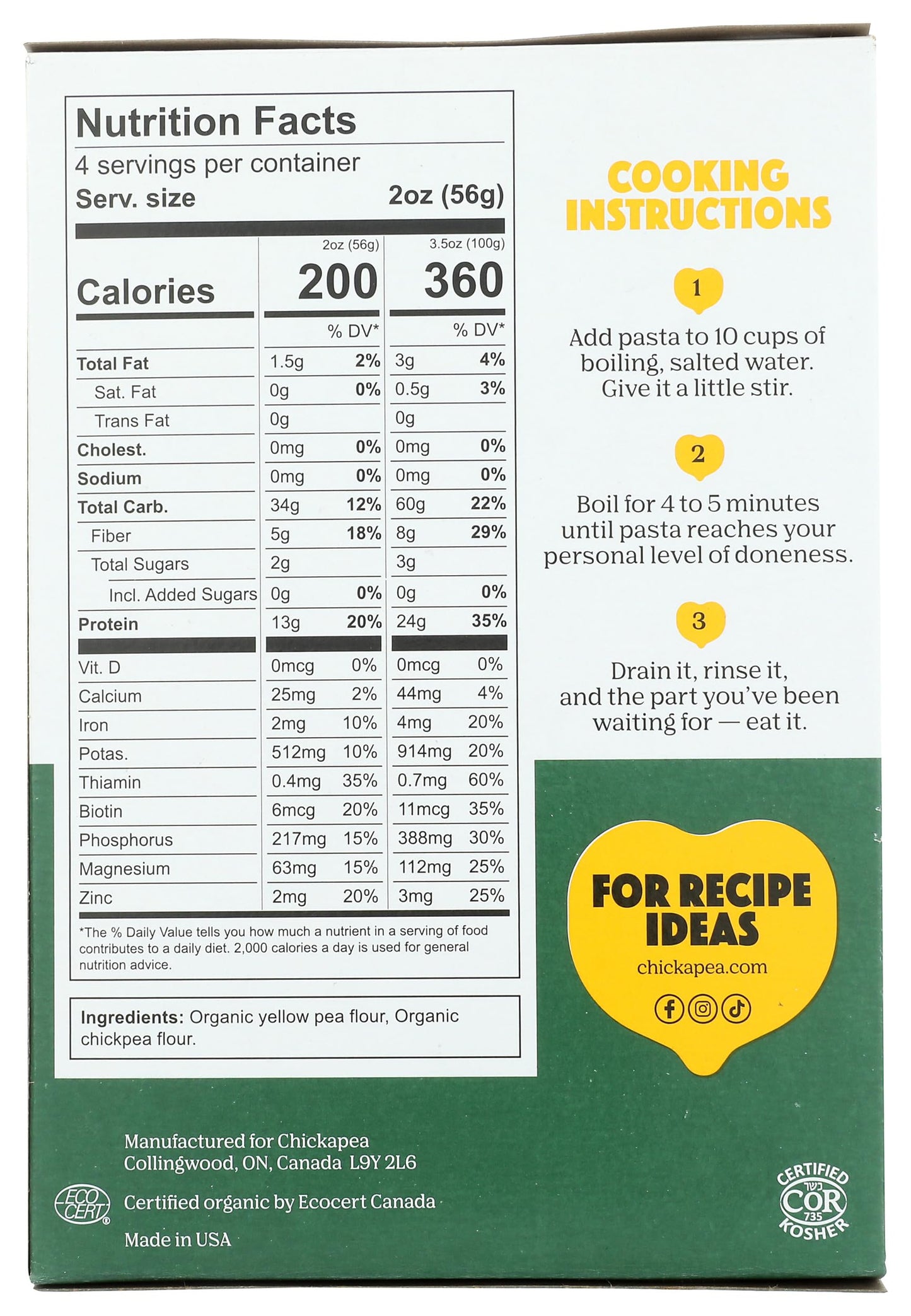 Chickapea Pasta, Pasta Chickpea Lentil Elbow Organic, 8 Ounce