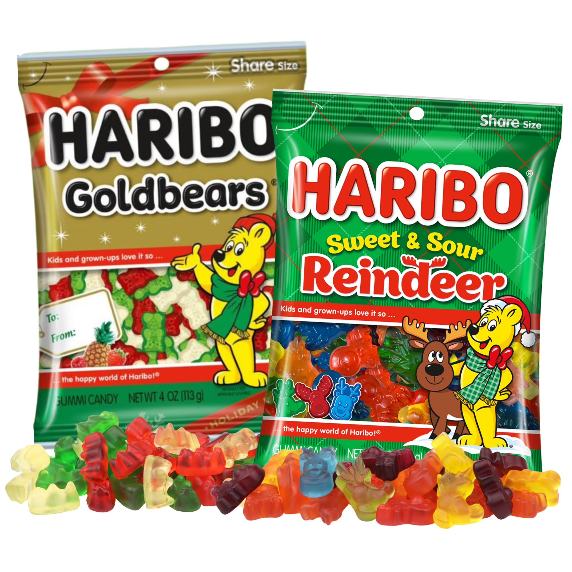 Christmas Haribo Gummy Bears and Sweet and Sour Reindeer, Holiday Chewy Fruit Candies, Festive Stocking Stuffer Gifts, 4 Ounces (Pack of 2)