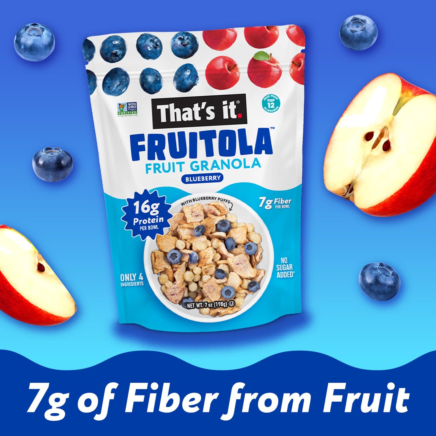 That’s it. Fruitola Fruit Granola - Blueberry, 16g Plant-Based Protein + 7g Fiber from Fruit Per Bowl, 100% Real Fruits, Only 4 Ingredients, Zero