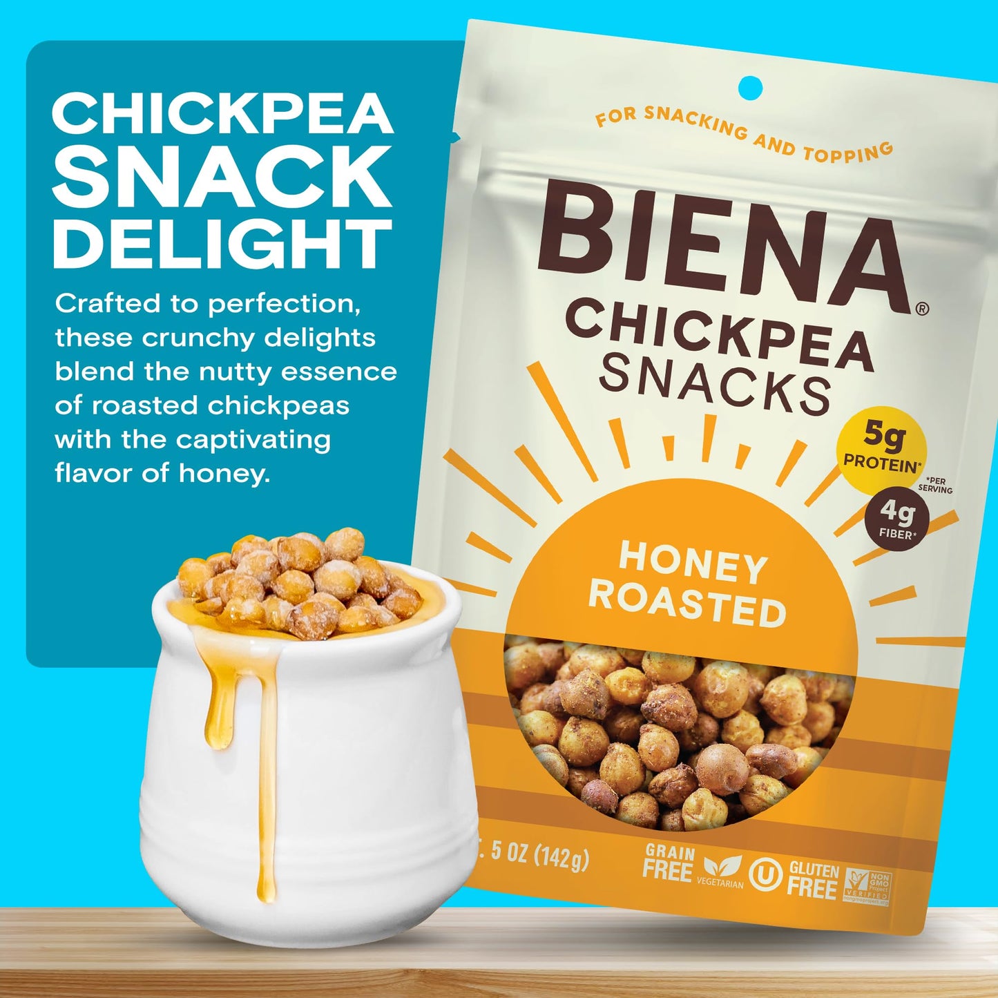 BIENA Chickpea Snacks - Crunchy Roasted Chickpeas - High Fiber Protein Snacks for Adults and Kids - 8-Pack, 5 Ounce Bags - Honey Roasted