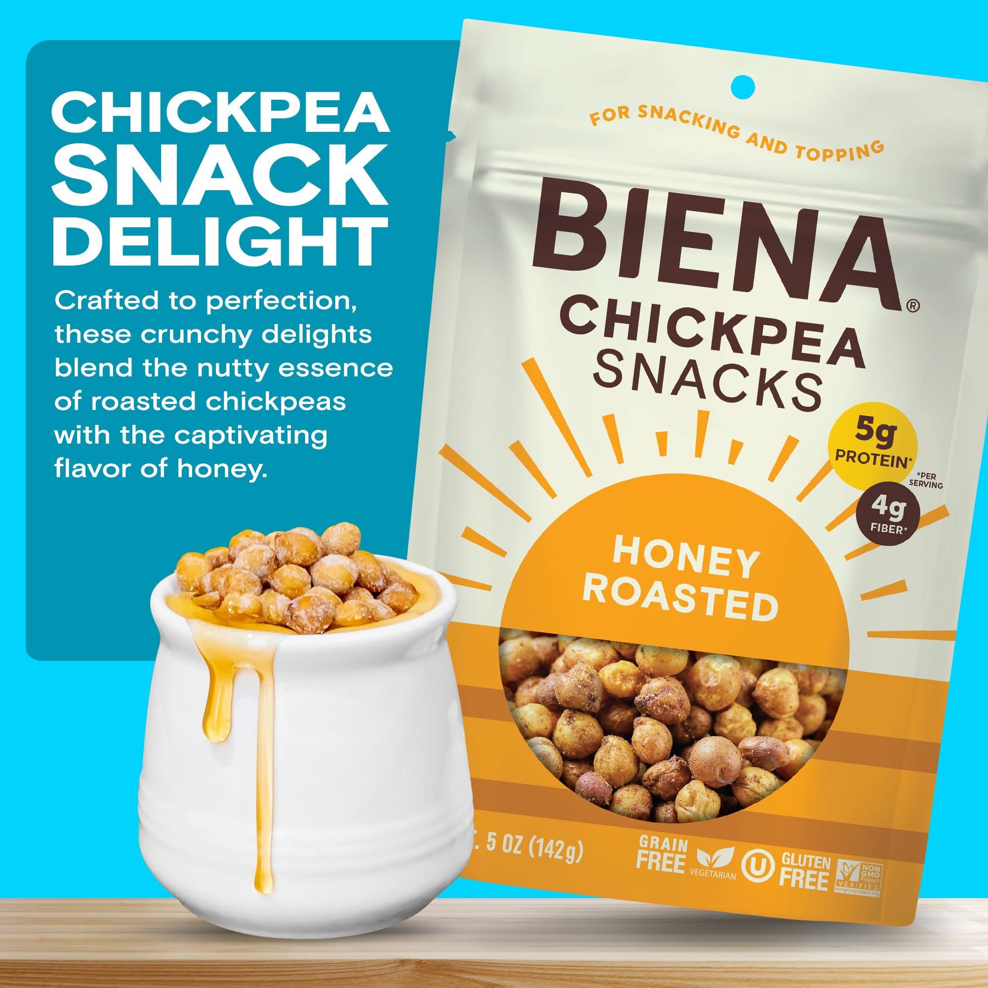 BIENA Chickpea Snacks - Crunchy Roasted Chickpeas - High Fiber Protein Snacks for Adults and Kids - 8-Pack, 5 Ounce Bags - Honey Roasted