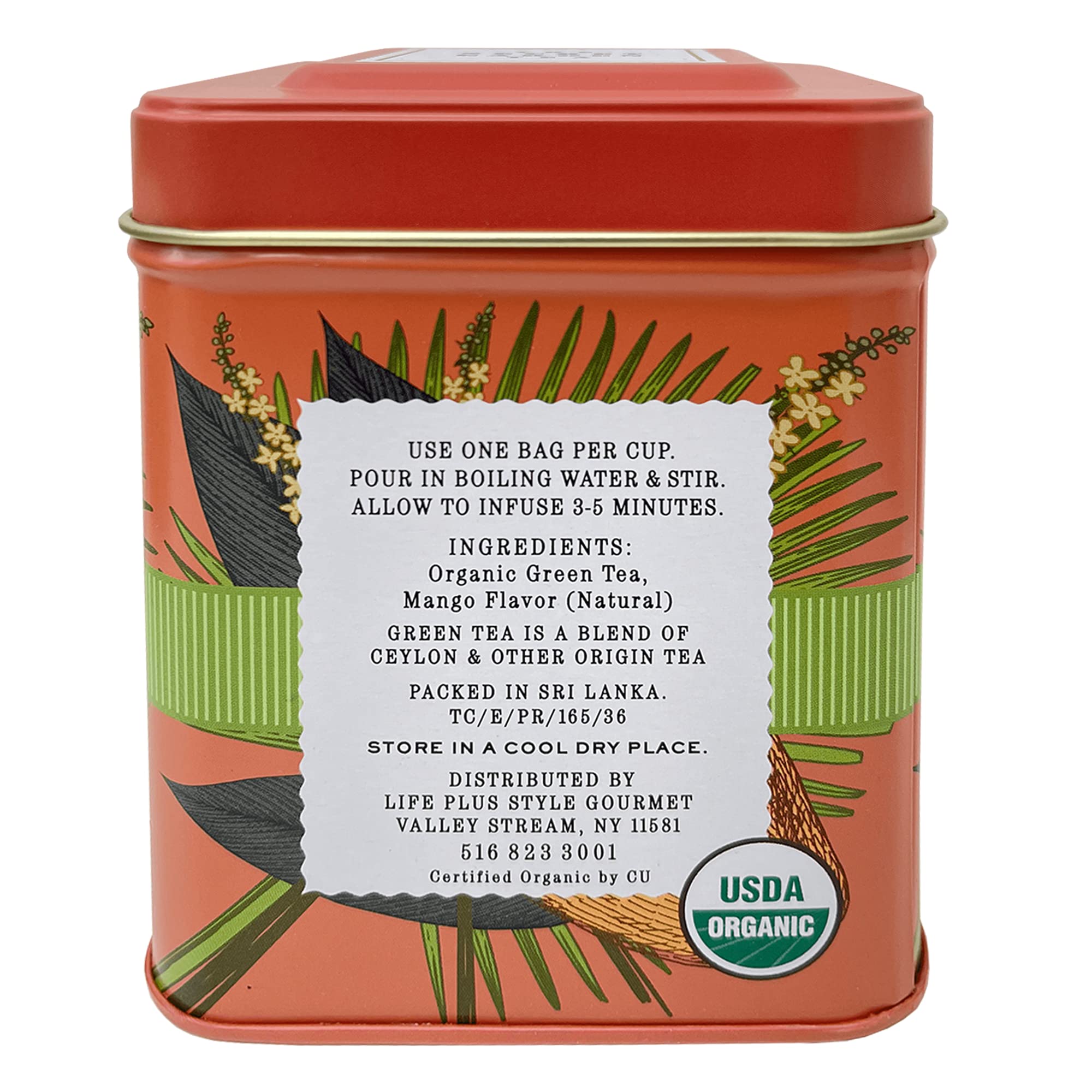 Organic Ceylon Mango Green Tea - 50 Packets - Natural Antioxidant Rich Herbal Leaf Teabags - USDA Certified 100% Non-GMO - Caffeinated Premium Gift