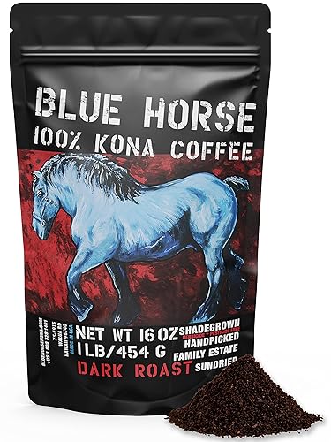 Blue Horse 100% Kona Coffee, Dark Roast Ground Arabica, 16 oz (1 lb) Bag. Farm Fresh Hawaiian Coffee, Smooth & Bold Flavor, Hand-Picked & Sun-Dried