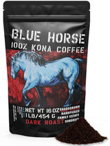 Blue Horse 100% Kona Coffee, Dark Roast Ground Arabica, 16 oz (1 lb) Bag. Farm Fresh Hawaiian Coffee, Smooth & Bold Flavor, Hand-Picked & Sun-Dried