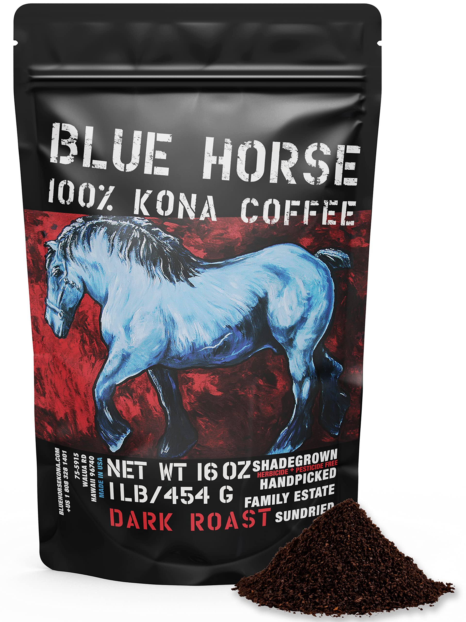 Blue Horse 100% Kona Coffee, Dark Roast Ground Arabica, 16 oz (1 lb) Bag. Farm Fresh Hawaiian Coffee, Smooth & Bold Flavor, Hand-Picked & Sun-Dried